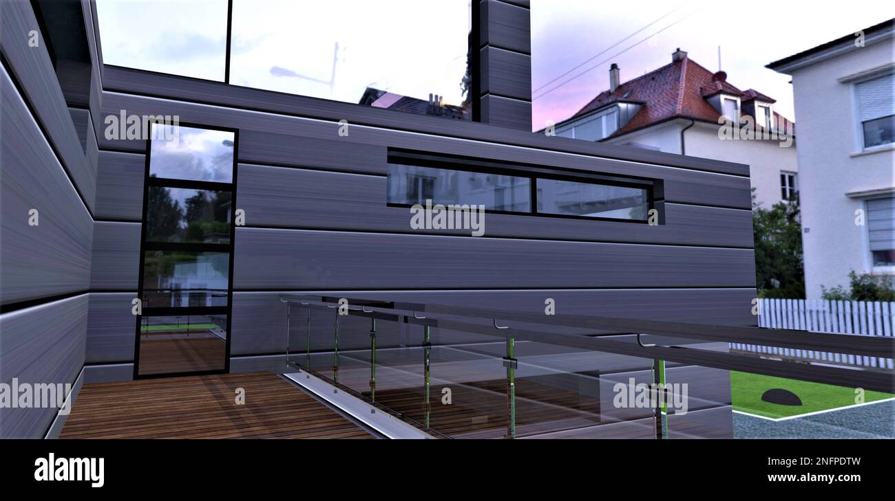 Il balcone della casa contemporanea. Porta in vetro e recinzione con guide in metallo. Vecchie case sul backspace.3D rendering. Foto Stock