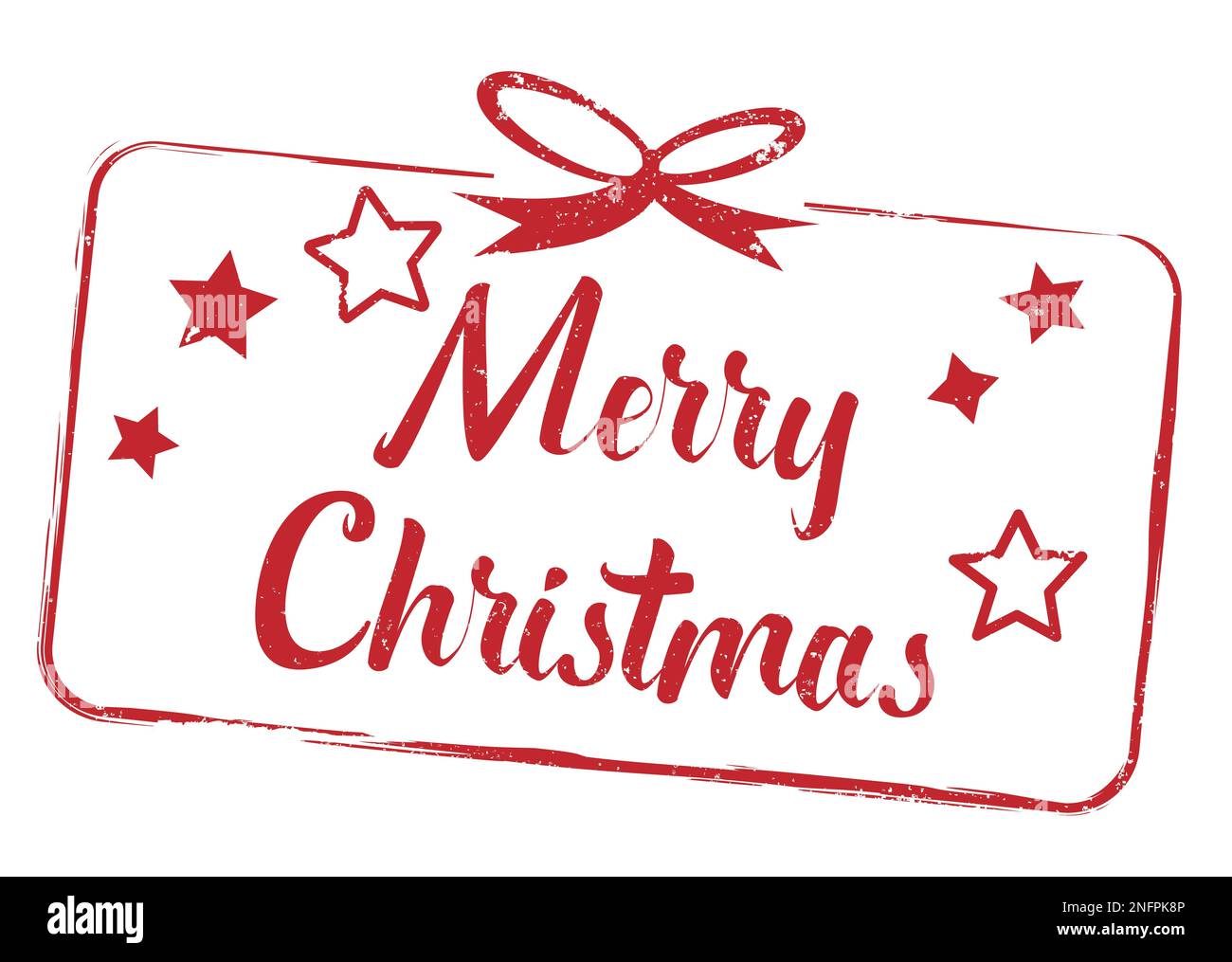 Grungy red Buon Natale timbro con forme stellari e nastro regalo Foto Stock