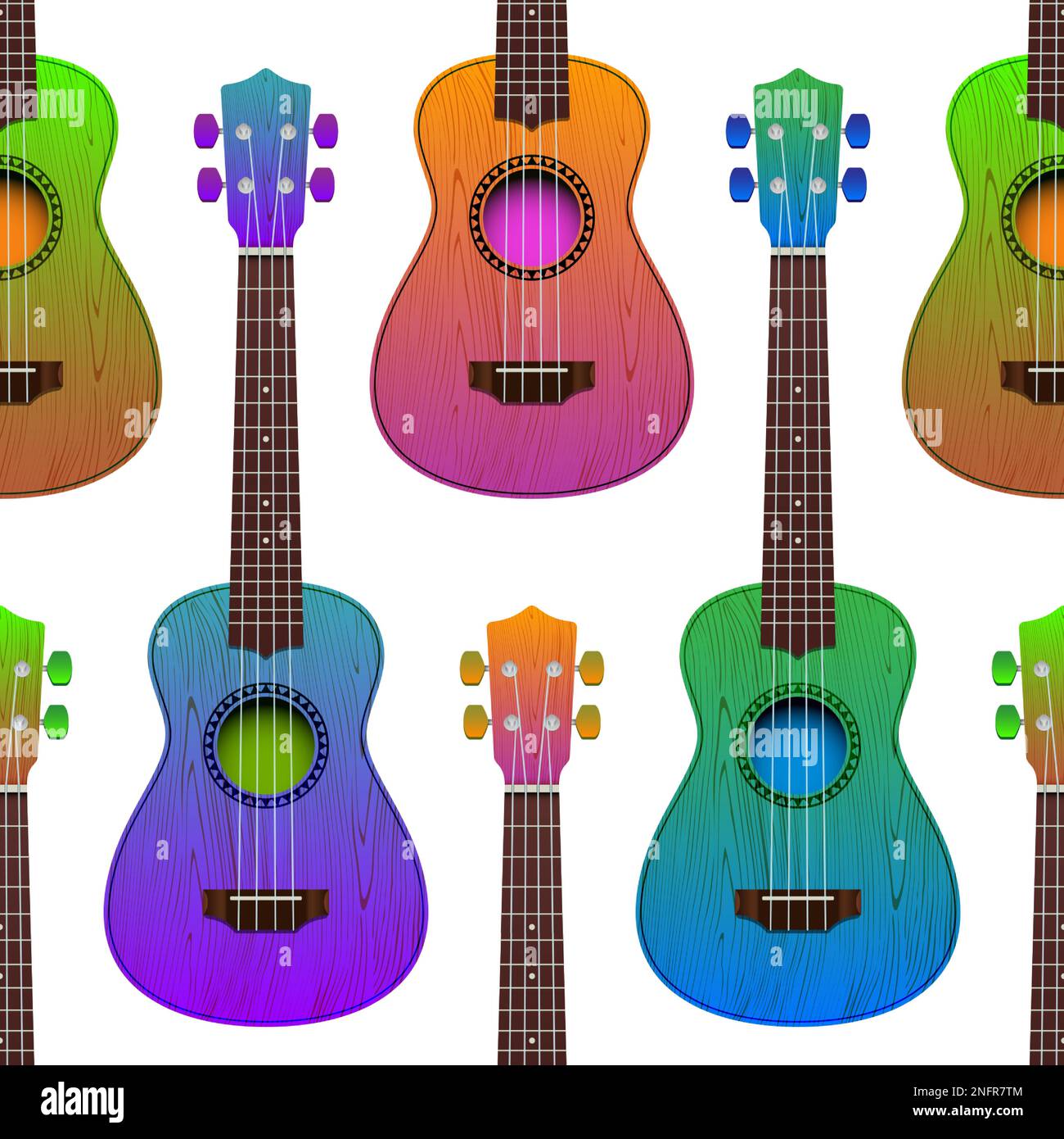 Ukulele colorate senza cuciture modello vettoriale. Sottofondo musicale di stile hawaiano. Illustrazione Vettoriale