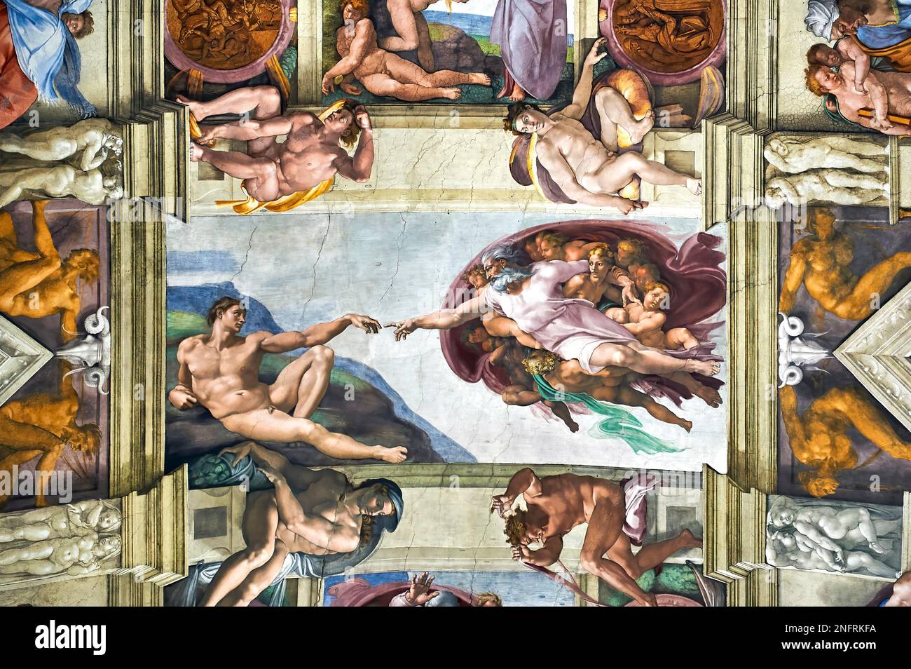 La creazione di Adamo di Michelangelo nella Cappella Sistina, il Museo Vaticano, Roma, Italia Foto Stock