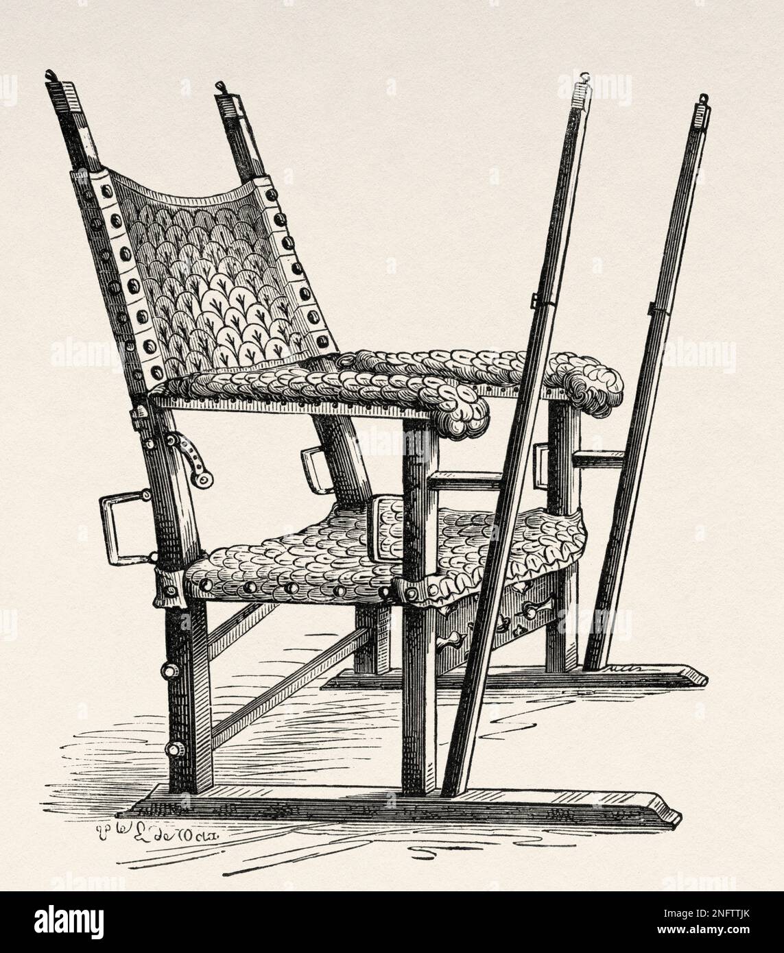 Sedia berlina utilizzata da Carlos i di Spagna. Carlo V Imperatore Sacro Romano. Le Arti del Medioevo e al periodo del Rinascimento di Paul Lacroix, 1874 Foto Stock
