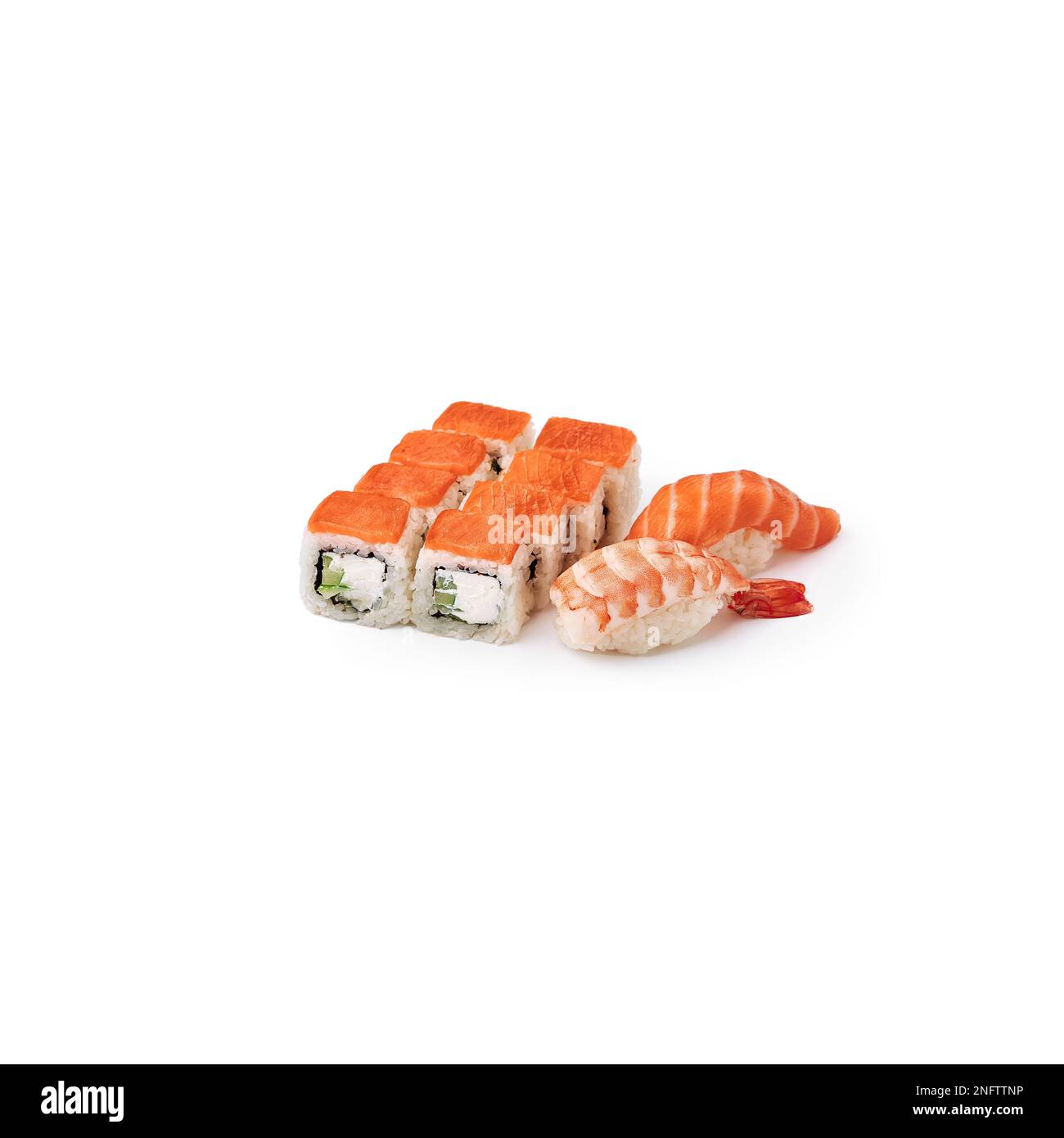 Set sushi roll Philadelphia, sushi salmone, sushi gamberetti sfondo bianco isolato Foto Stock