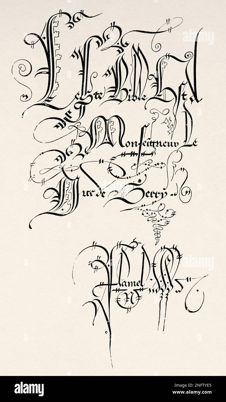Facsimile dell'ex libris di un manoscritto eseguito da Jean Flamel, scrittore e bibliotecario del Duc de Berry quattordicesimo 'questa Bibbia è a Monseigneur le Duc de Berry'. Le Arti del Medioevo e al periodo del Rinascimento di Paul Lacroix, 1874 Foto Stock
