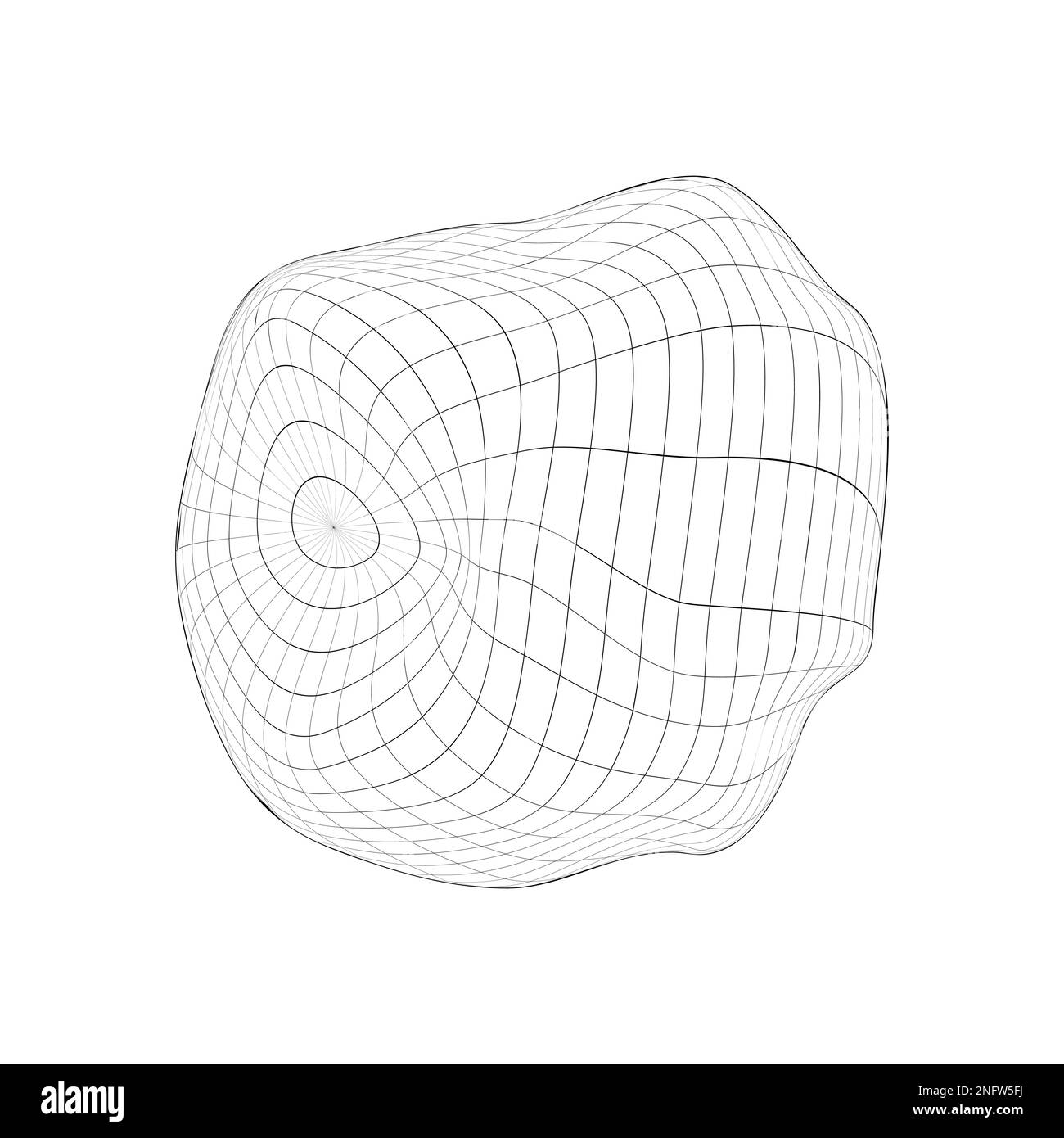 Icona della sfera 3D sgonfia. Struttura a reticolo distorta del globo terrestre isolata su sfondo bianco. Concetto di cambiamento climatico del pianeta. Deformazione della griglia a sfera Illustrazione Vettoriale