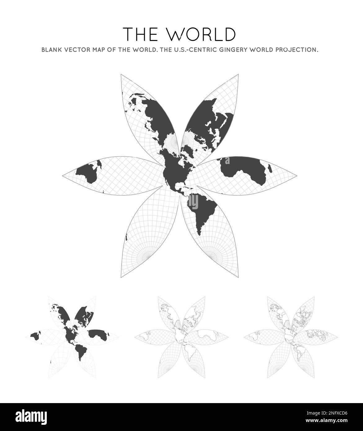 Mappa del mondo. La proiezione del mondo Gingery incentrata sugli Stati Uniti. Globo con linee di latitudine e longitudine. Meridiani e paralleli. Illustrazione Vettoriale