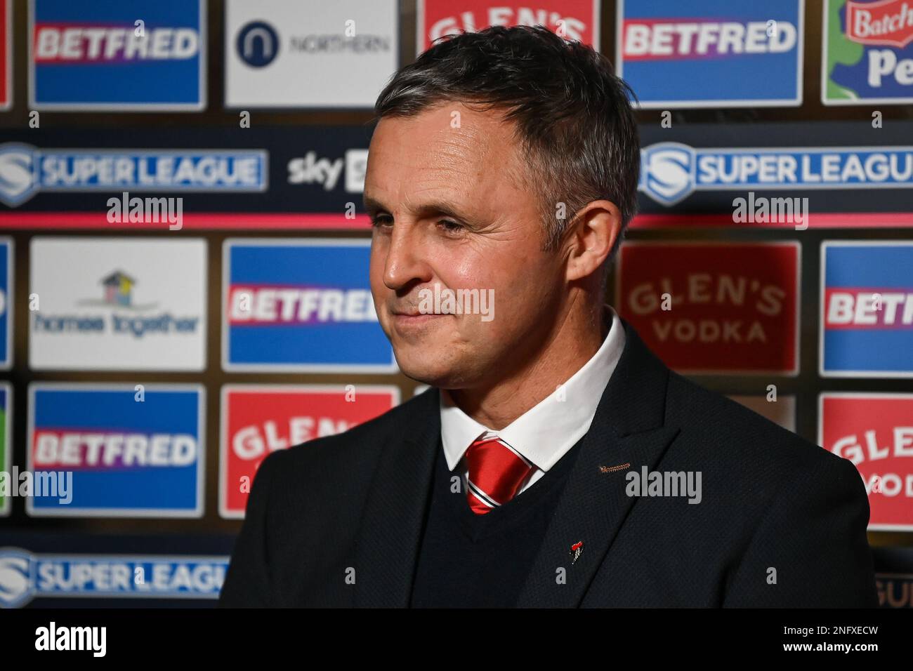 Paul Rowley Head Coach di Salford Red Devils durante l'intervista pre-partita in vista della partita Betfred Super League Round 1 Leigh Leopards vs Salford Red Devils a Leigh Sports Village, Leigh, Regno Unito, 17th febbraio 2023 (Foto di Craig Thomas/News Images) in, il 2/17/2023. (Foto di Craig Thomas/News Images/Sipa USA) Credit: Sipa USA/Alamy Live News Foto Stock