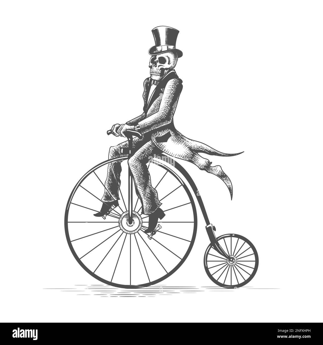 Tatuaggio di scheletro in abiti Dandy giri su una bicicletta retro isolato su bianco. Illustrazione vettoriale. Illustrazione Vettoriale