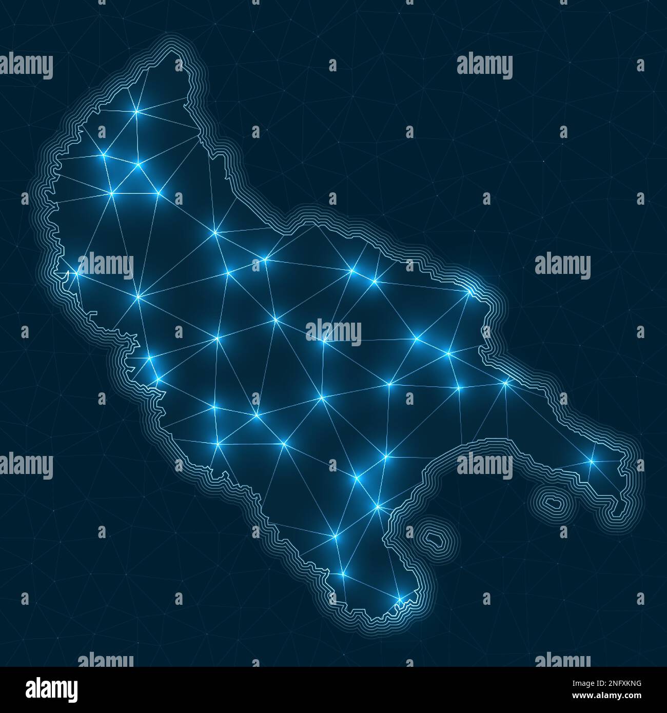 Mappa della rete dell'isola di Zante. Mappa geometrica astratta dell'isola. Progettazione di connessioni digitali e telecomunicazioni. Rete Internet luminosa. Appello Illustrazione Vettoriale