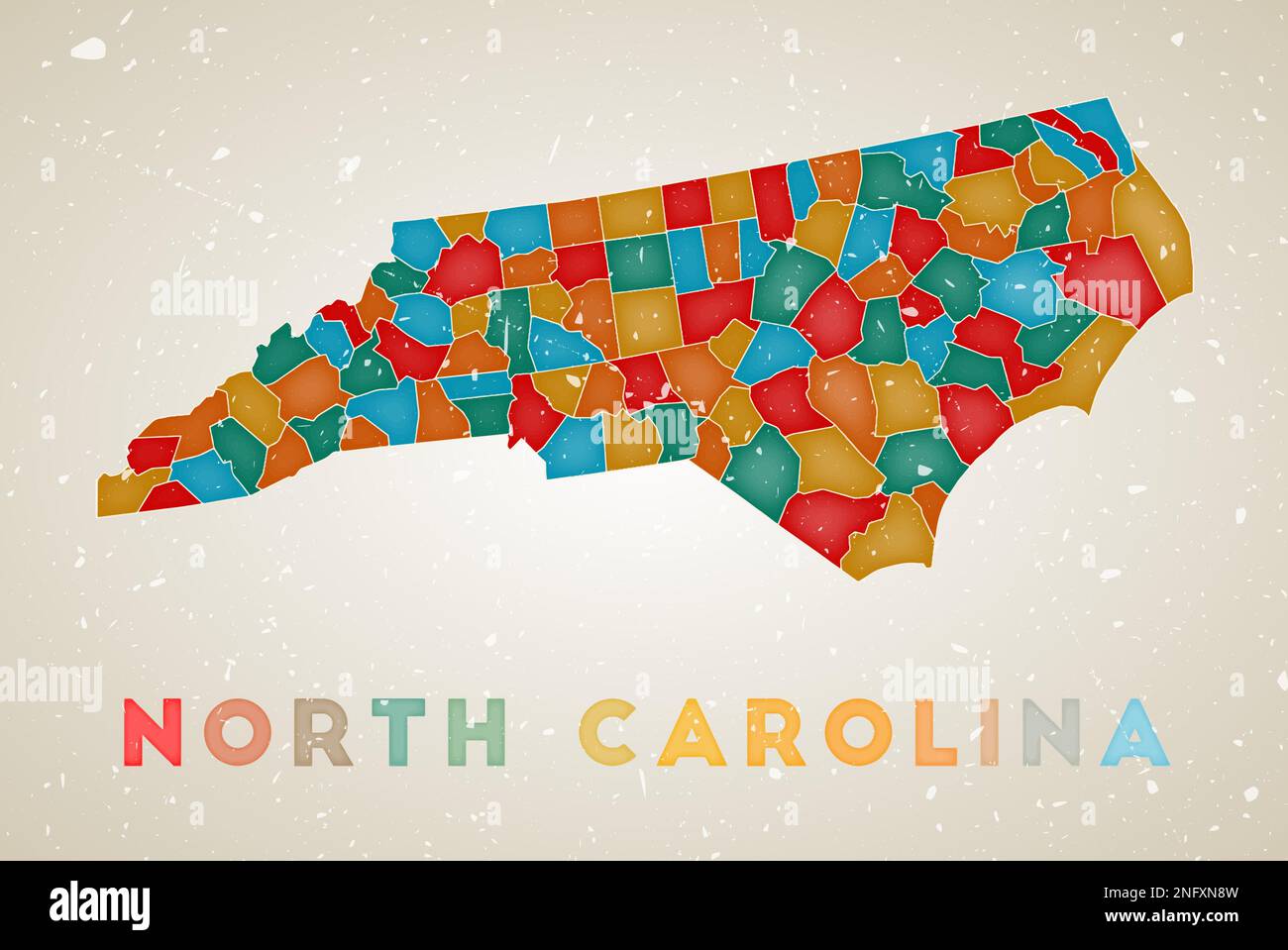 Mappa della Carolina del Nord. Poster di stato DEGLI STATI UNITI con regioni colorate. Vecchia trama grunge. Illustrazione vettoriale della Carolina del Nord con il nome dello stato degli Stati Uniti. Illustrazione Vettoriale