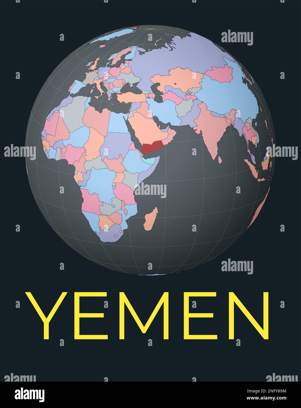 Mappa del mondo incentrata sullo Yemen. Paese evidenziato in rosso. Visione satellitare del mondo incentrata sul paese con il nome. Illustrazione vettoriale. Illustrazione Vettoriale