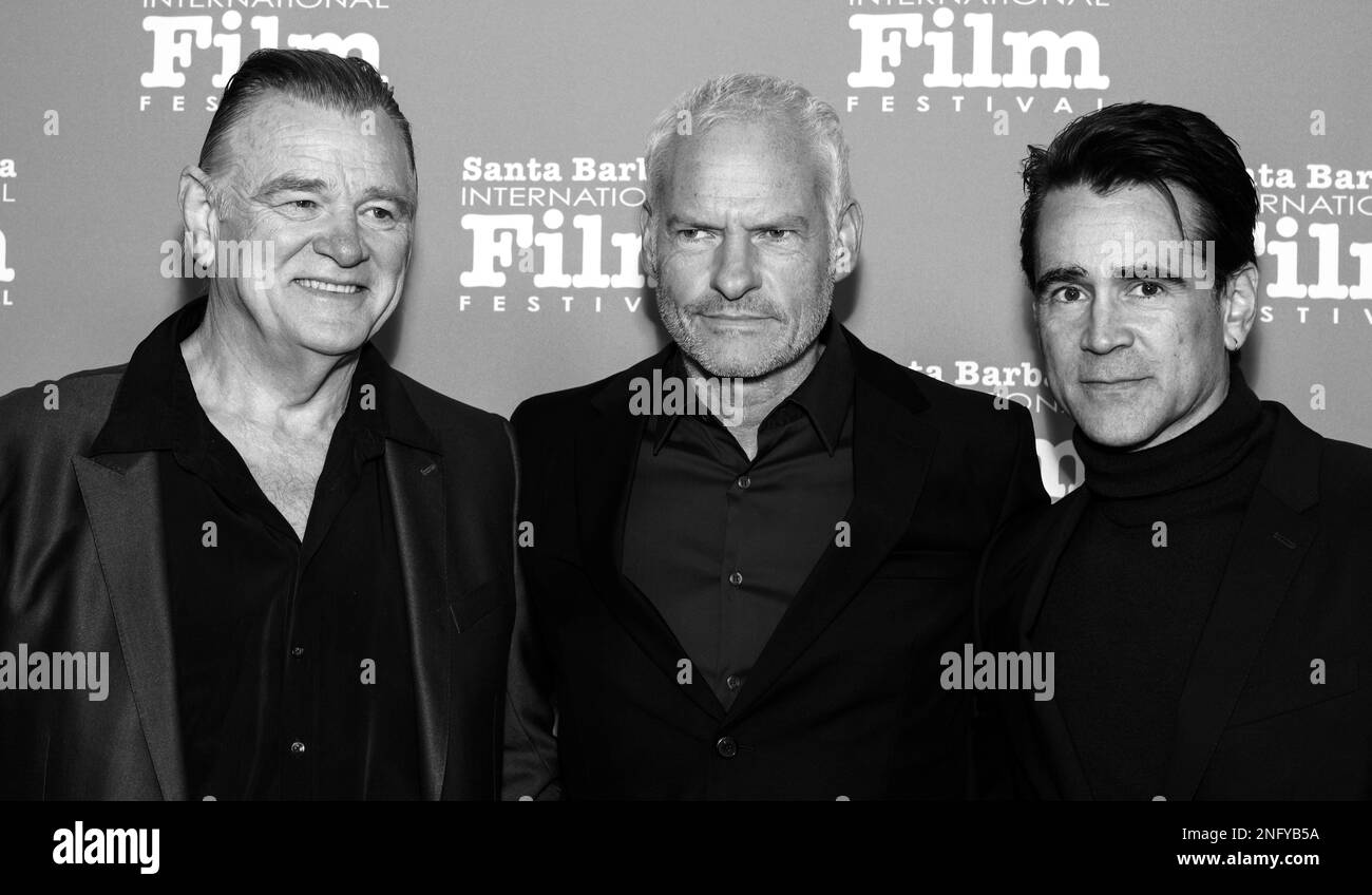 SANTA BARBARA, CALIFORNIA - 16 febbraio 2023: Brendan Gleeson, Martin McDonagh e Colin Farrell partecipano alla cerimonia di premiazione del Cinema Vanguard Award in onore di C. Foto Stock