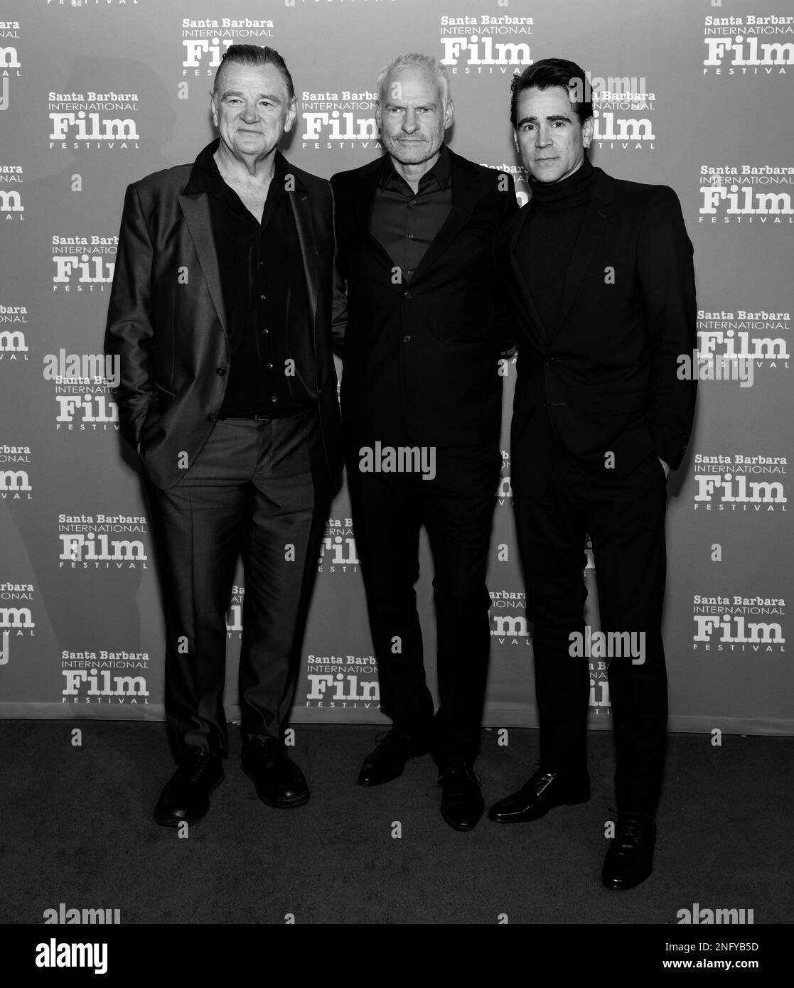 SANTA BARBARA, CALIFORNIA - 16 febbraio 2023: Brendan Gleeson, Martin McDonagh e Colin Farrell partecipano alla cerimonia di premiazione del Cinema Vanguard Award in onore di C. Foto Stock