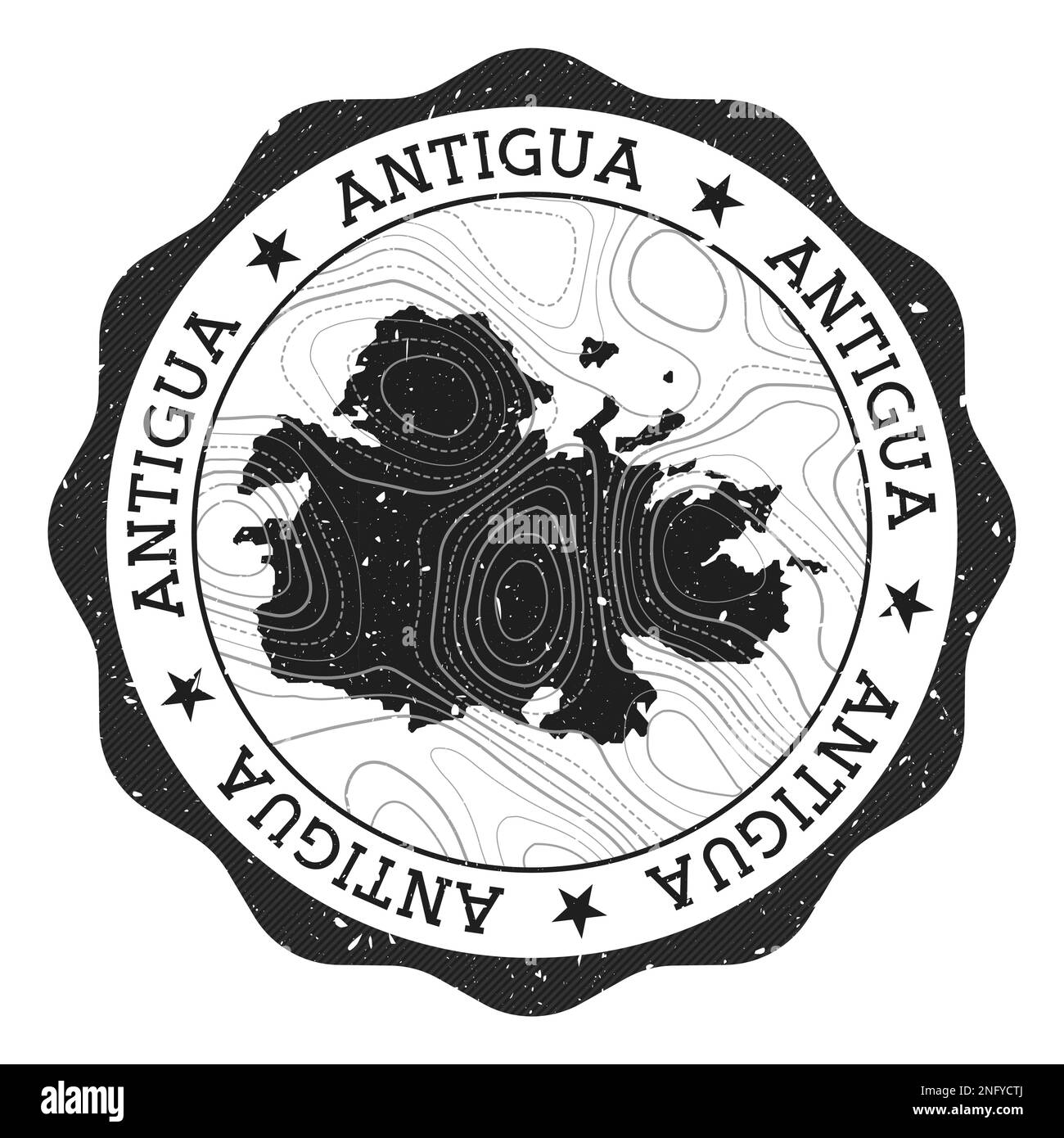Francobollo all'aperto di Antigua. Adesivo rotondo con mappa dell'isola con isoline topografiche. Illustrazione vettoriale. Illustrazione Vettoriale