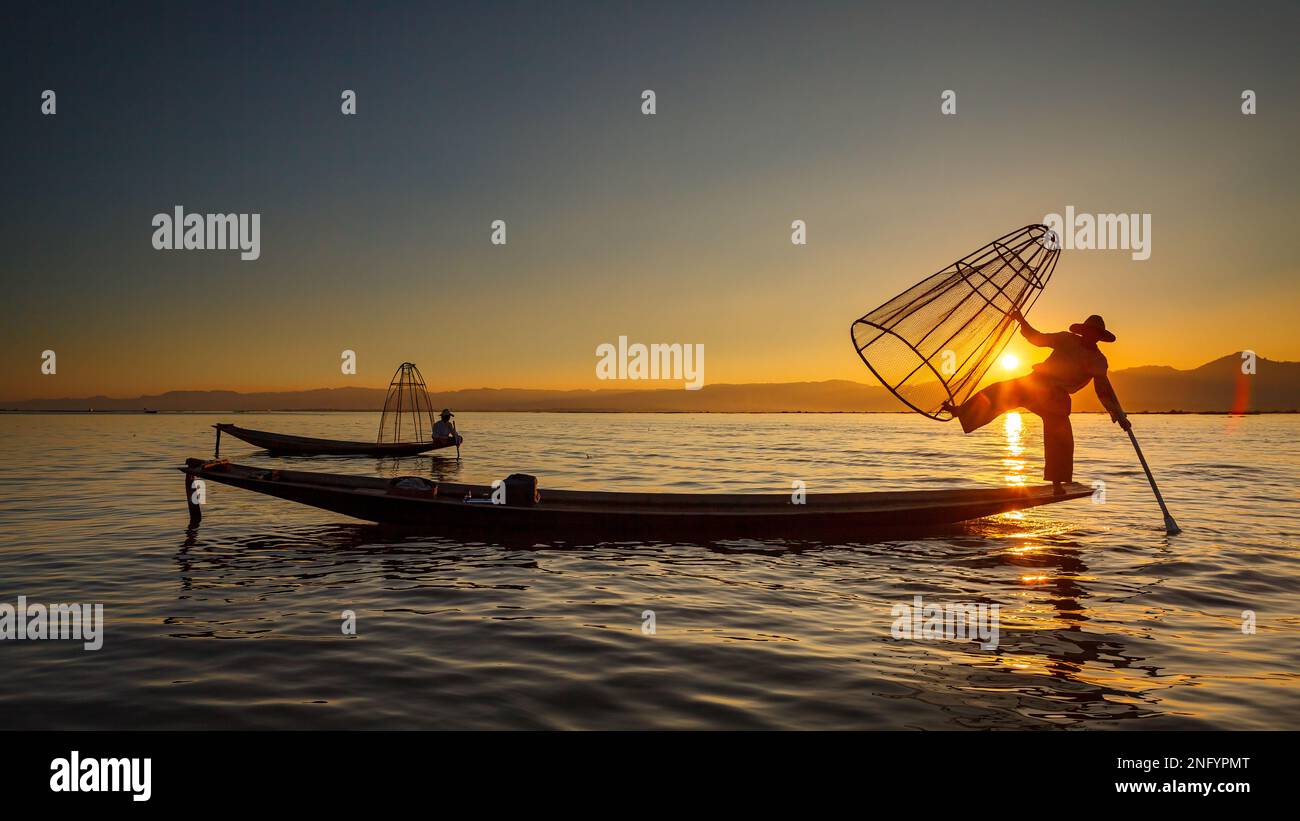 I pescatori del Lago Inle in Myanmar Foto Stock