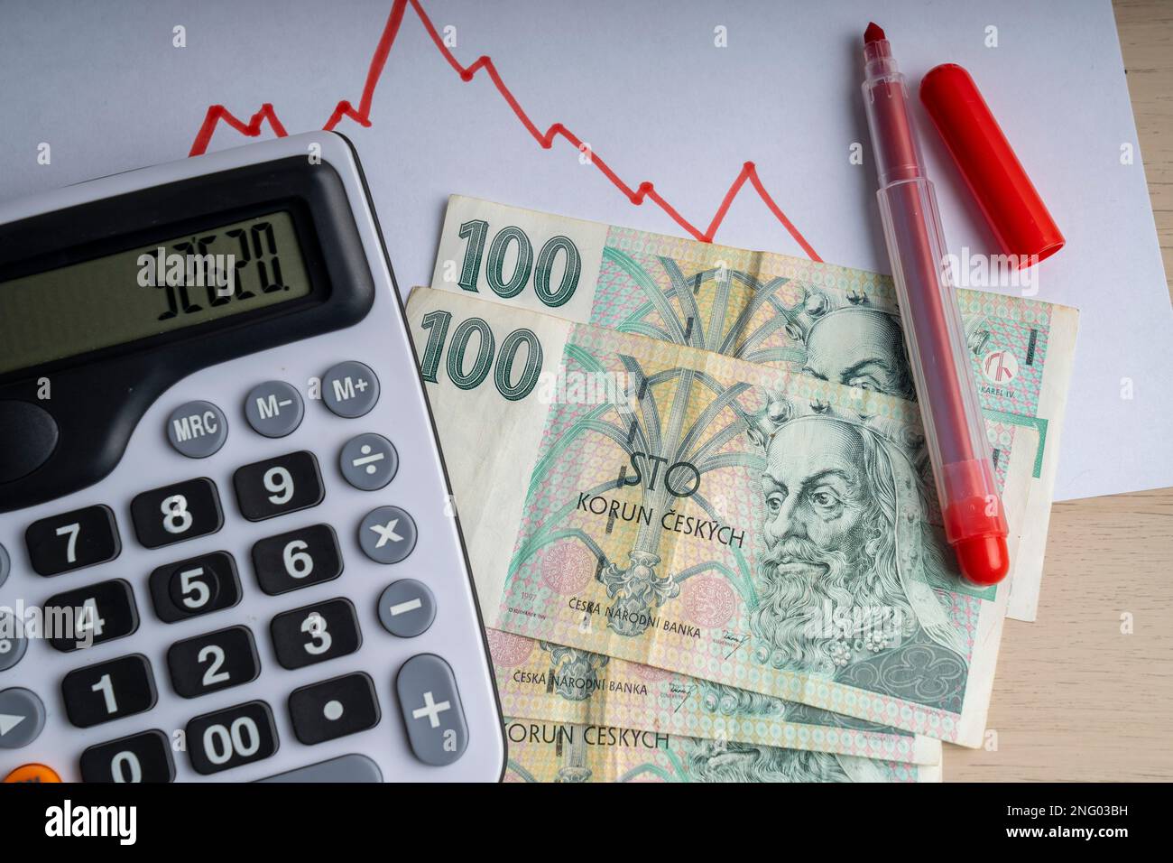 Banconota da 100 korun di carta della Repubblica ceca. Moneta ceca e calcolatrice su un grafico finanziario. Moneta europea. Foto Stock