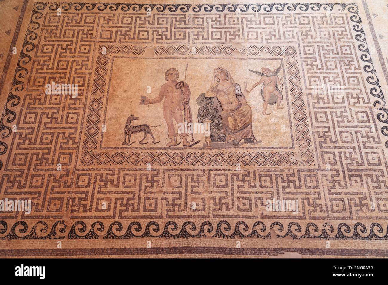 Phaedra e Hippolytus mosaico in casa di Dionysos villa romana nel Parco Archeologico di Paphos a Paphos città, isola di Cipro paese Foto Stock