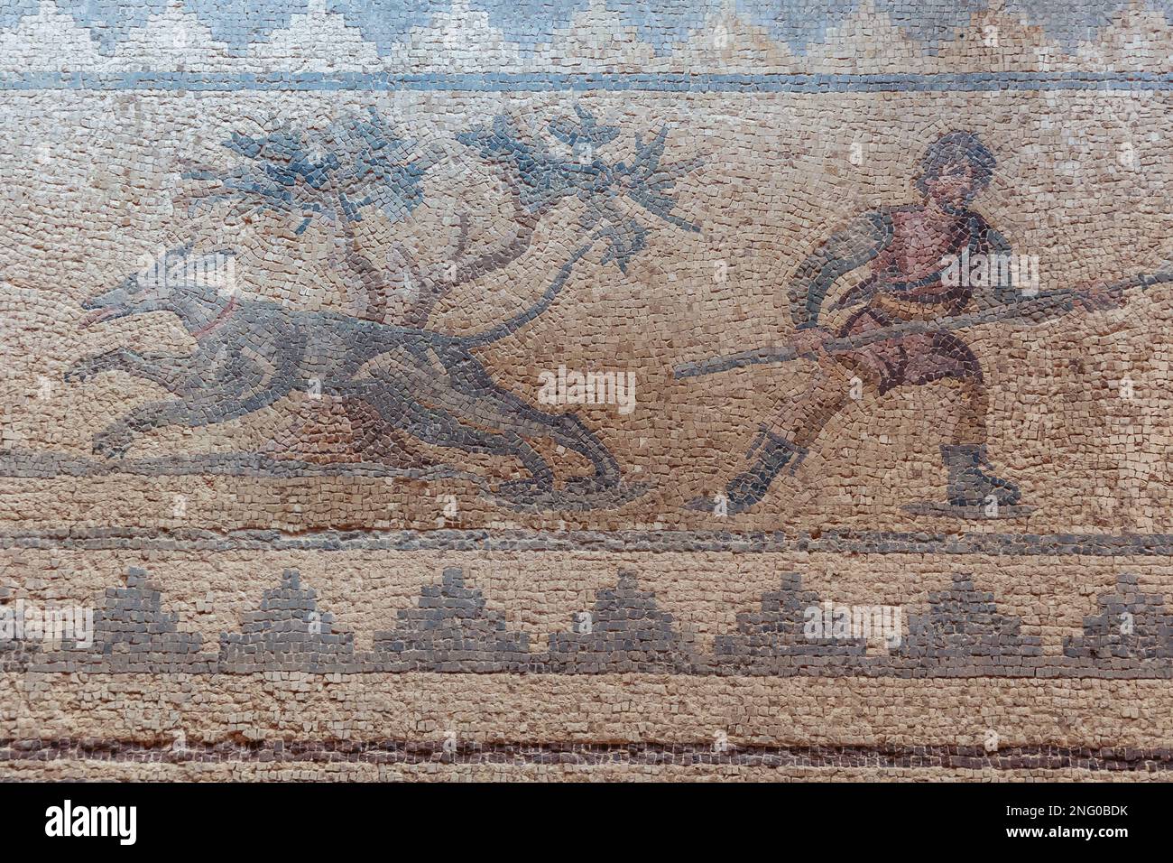 Scena di caccia mosaico in Casa di Dionysos villa romana a Paphos Parco Archeologico a Paphos città, isola di Cipro paese Foto Stock