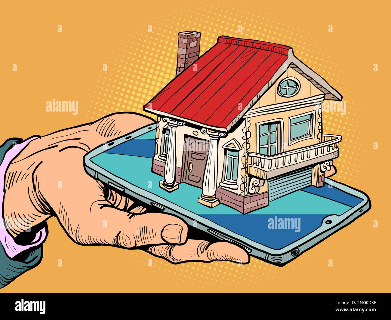 Una casa accogliente e bella con un tetto rosso, un garage, un camino e diverse finestre. Proposta di acquisto di immobili, immobili Illustrazione Vettoriale