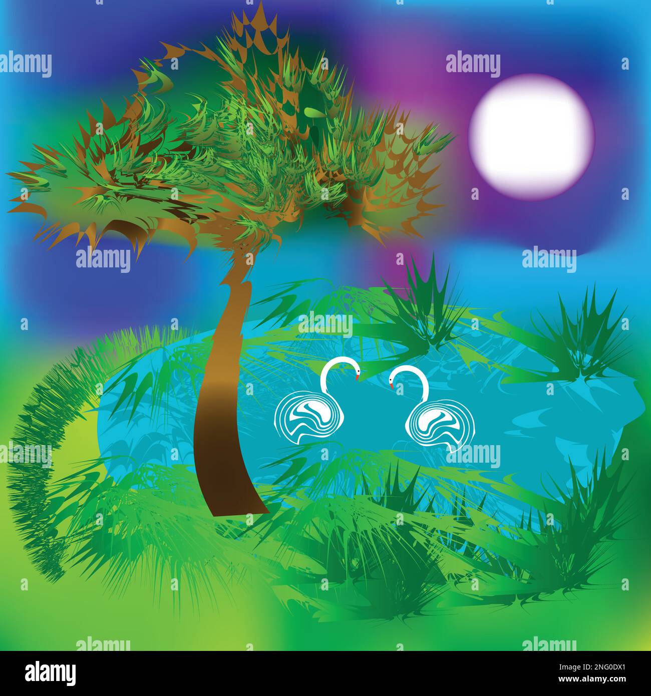 Illustrazione astratta paesaggio con albero e lago dei cigni Illustrazione Vettoriale