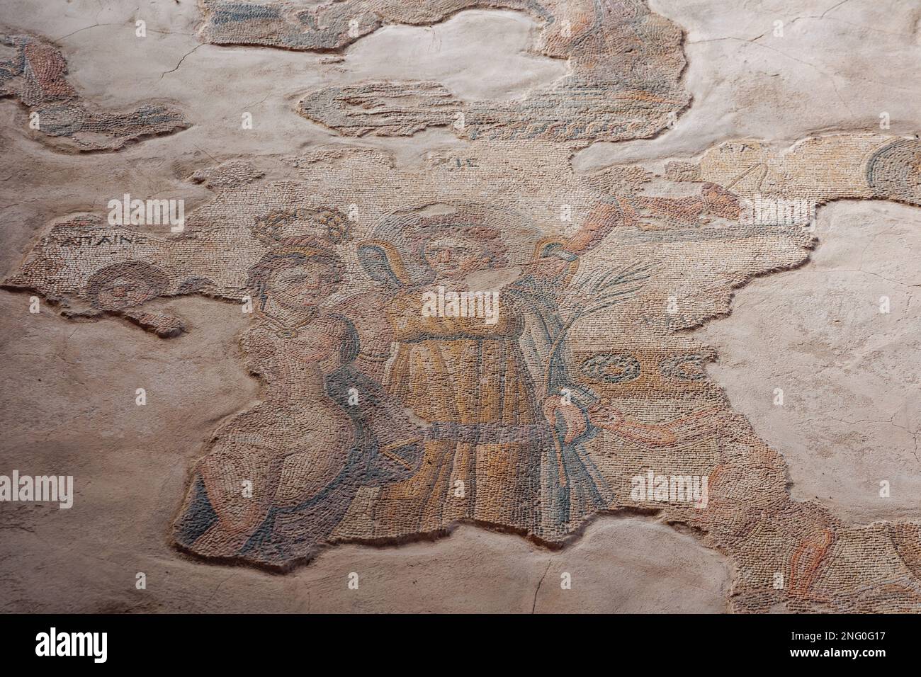 Mosaico della scena mitologica nella Casa di Aion villa in Paphos Parco Archeologico nella città di Paphos, isola di Cipro paese Foto Stock