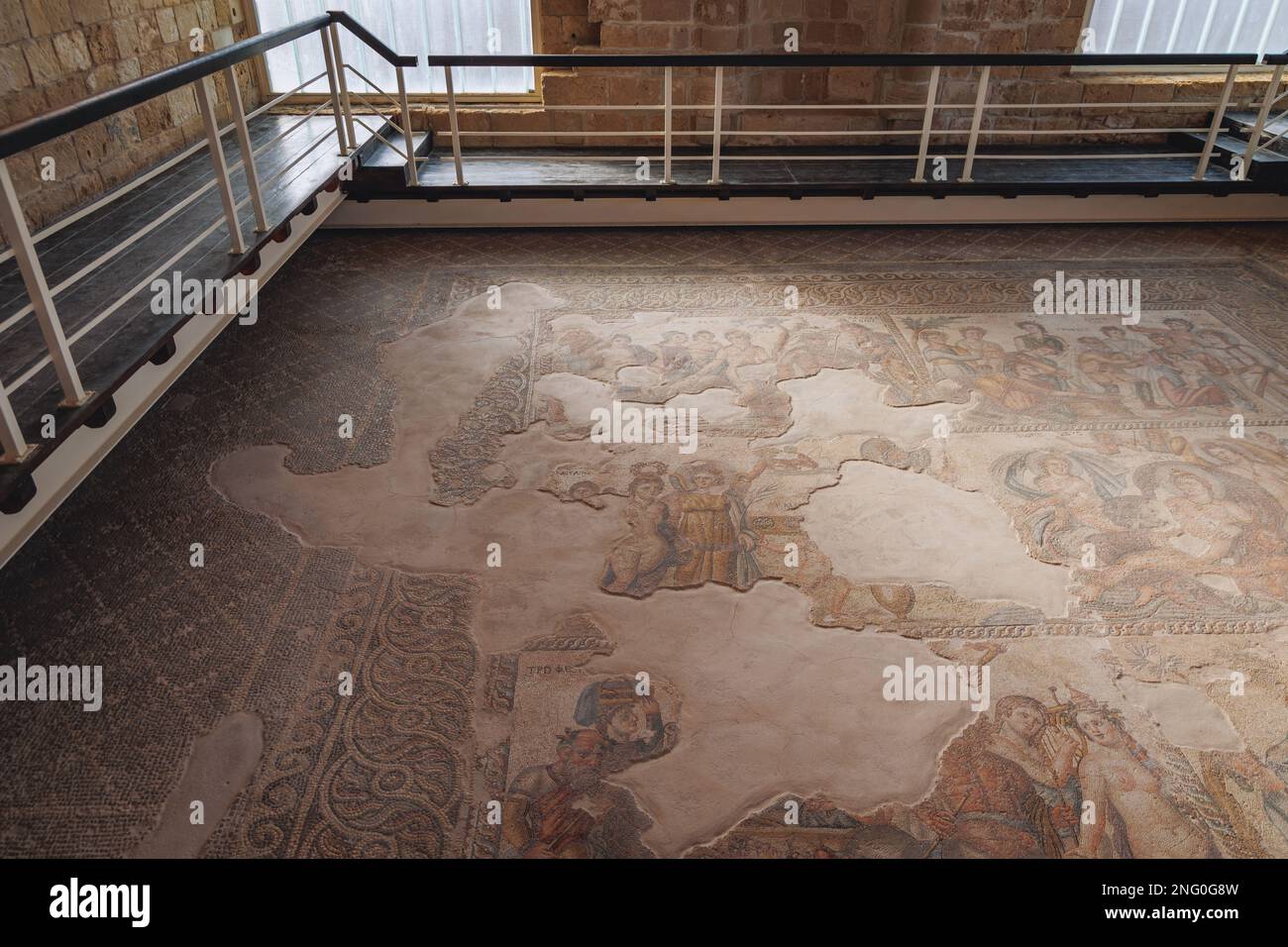 Mosaico della scena mitologica nella Casa di Aion villa in Paphos Parco Archeologico nella città di Paphos, isola di Cipro paese Foto Stock
