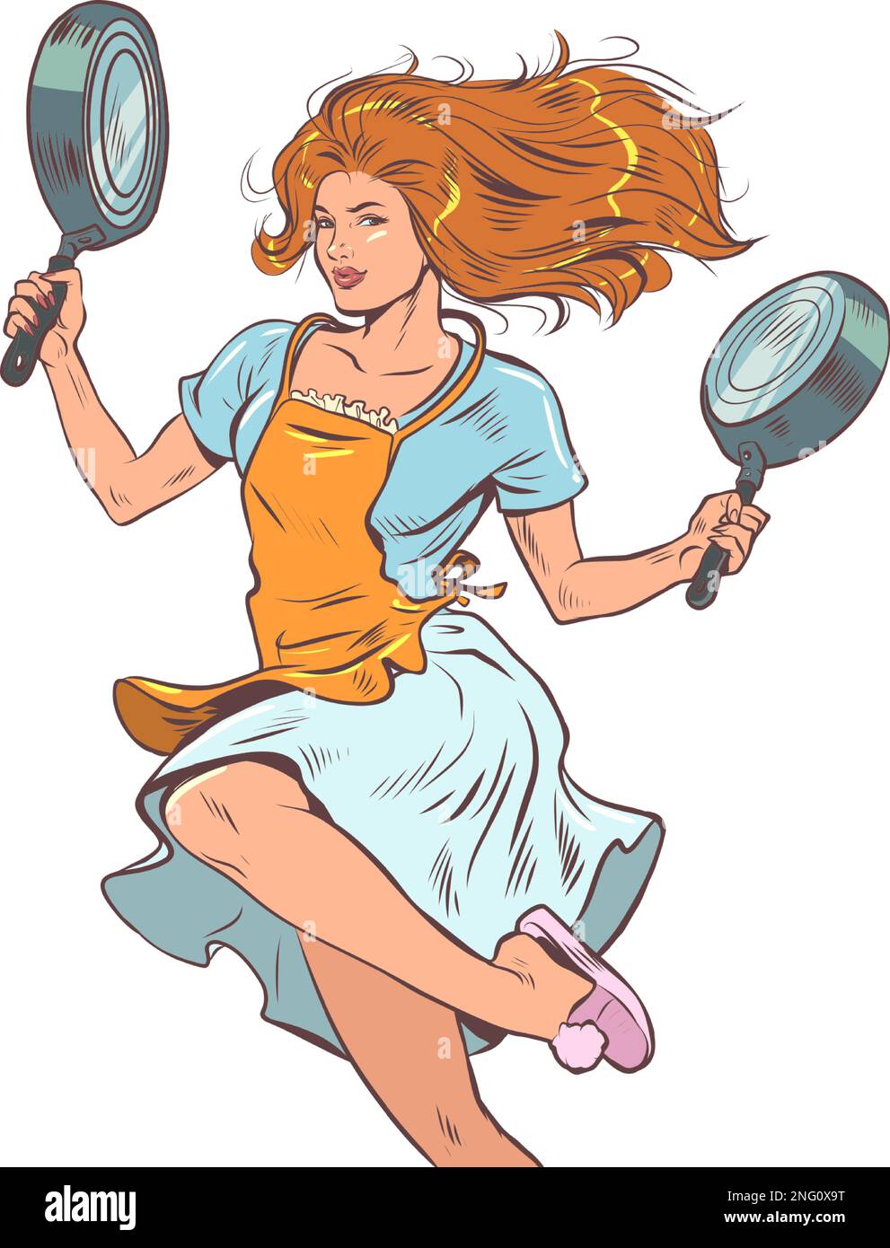 Una ragazza con capelli rossi porta padelle. Scelta tra prodotti. Piatti per la casa, tutto per cucinare. Illustrazione Vettoriale