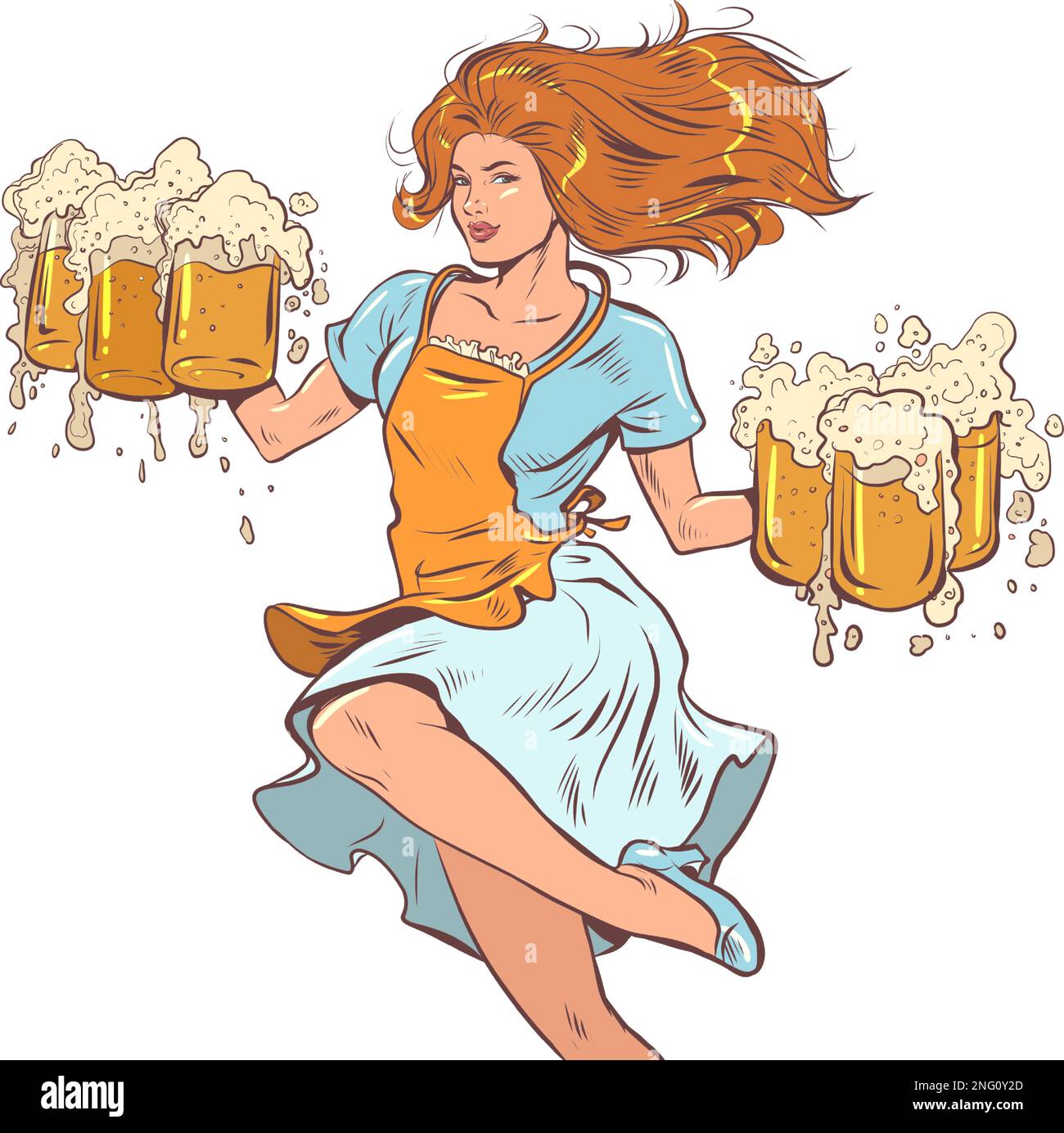 Una ragazza con i capelli rossi in un vestito trasporta la birra. Un barista esperto consegna gli ordini in modo diretto. Illustrazione Vettoriale