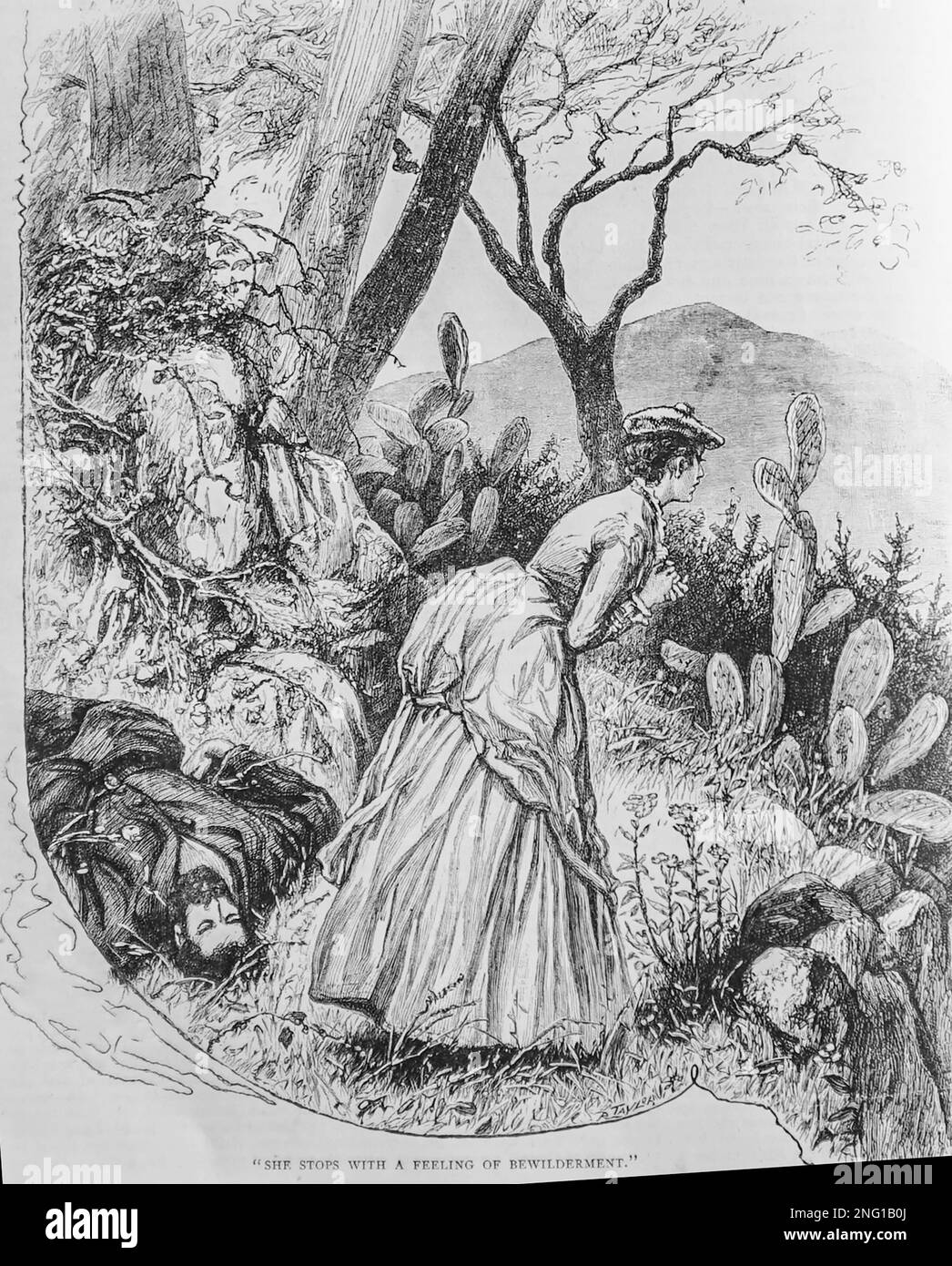 Uno schizzo del 19th ° secolo di una giovane donna in piedi accanto al suo padre inconscio, nella campagna corsa, come lei medita le sue opzioni per ottenere aiuto, dalla carta delle ragazze del 1888. Foto Stock