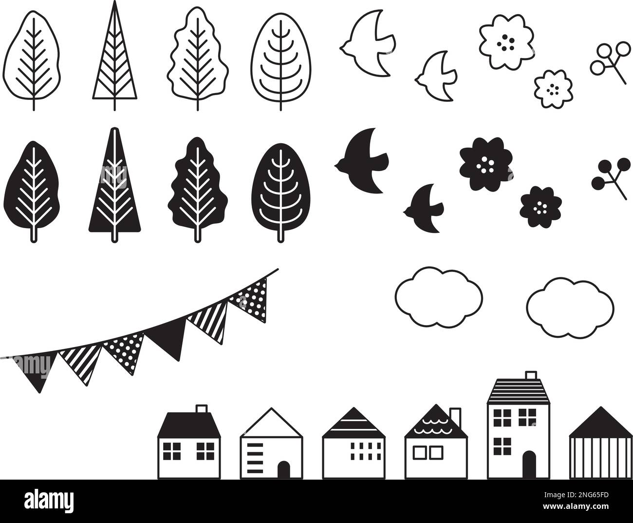 Set di illustrazioni in stile scandinavo di alberi, uccelli e case. Disegni a linee in bianco e nero. Materiali per la creazione di paesaggi urbani e sfondi. Illustrazione Vettoriale