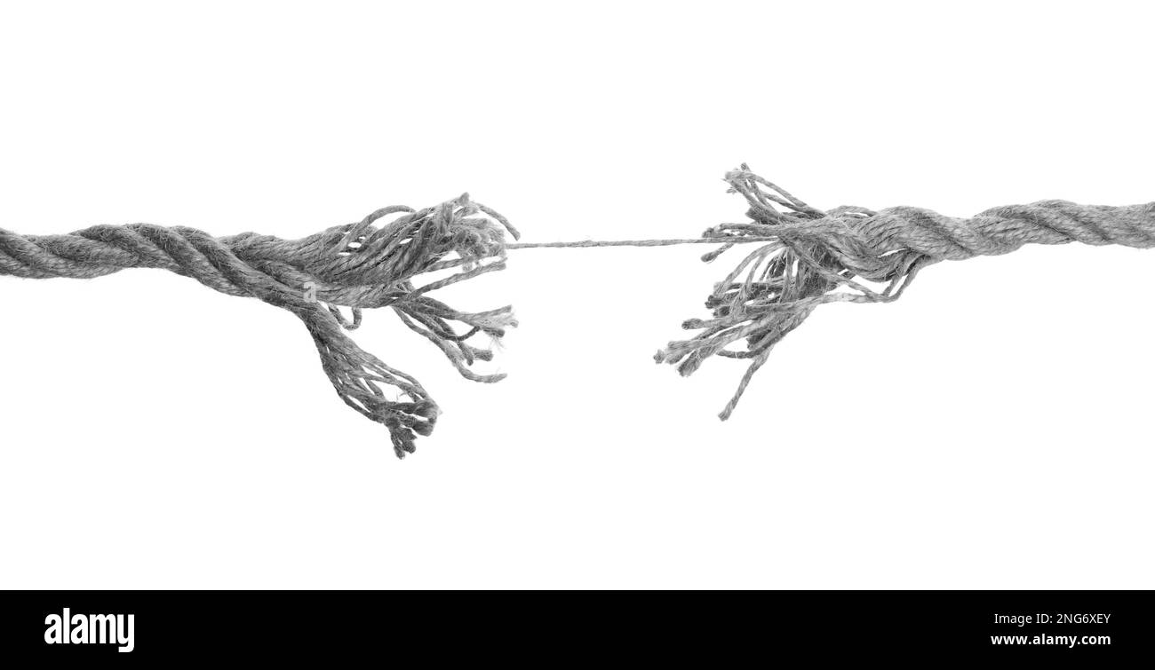 Corda sfilacciata al punto di rottura su sfondo bianco, design banner. Concetto di truffa Foto Stock