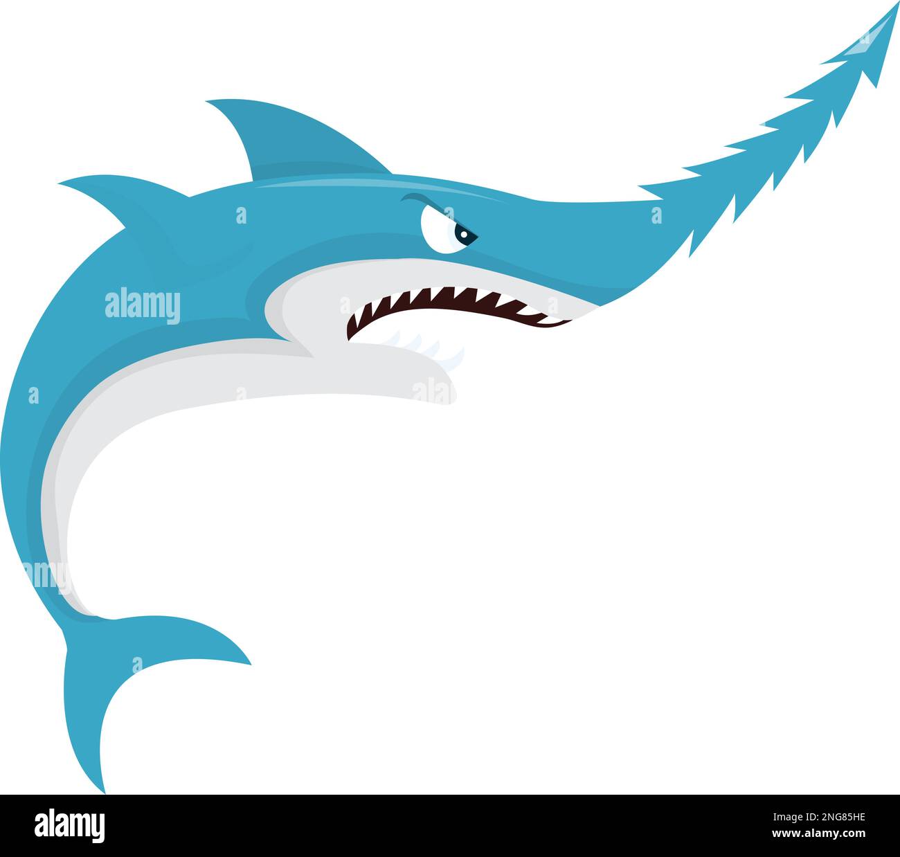 Un'illustrazione vettoriale del cartone animato di uno squalo vizioso medio con la sega come muso. Illustrazione Vettoriale