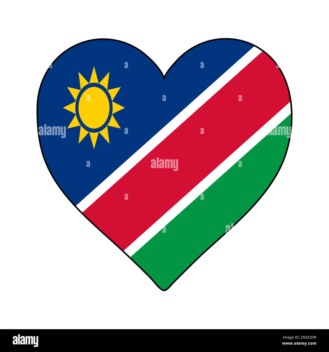 Namibia Heart Shape Flag. Amate la Namibia. Visita Namibia. Africa Meridionale. Unione Africana. Disegno grafico dell'illustrazione vettoriale. Illustrazione Vettoriale