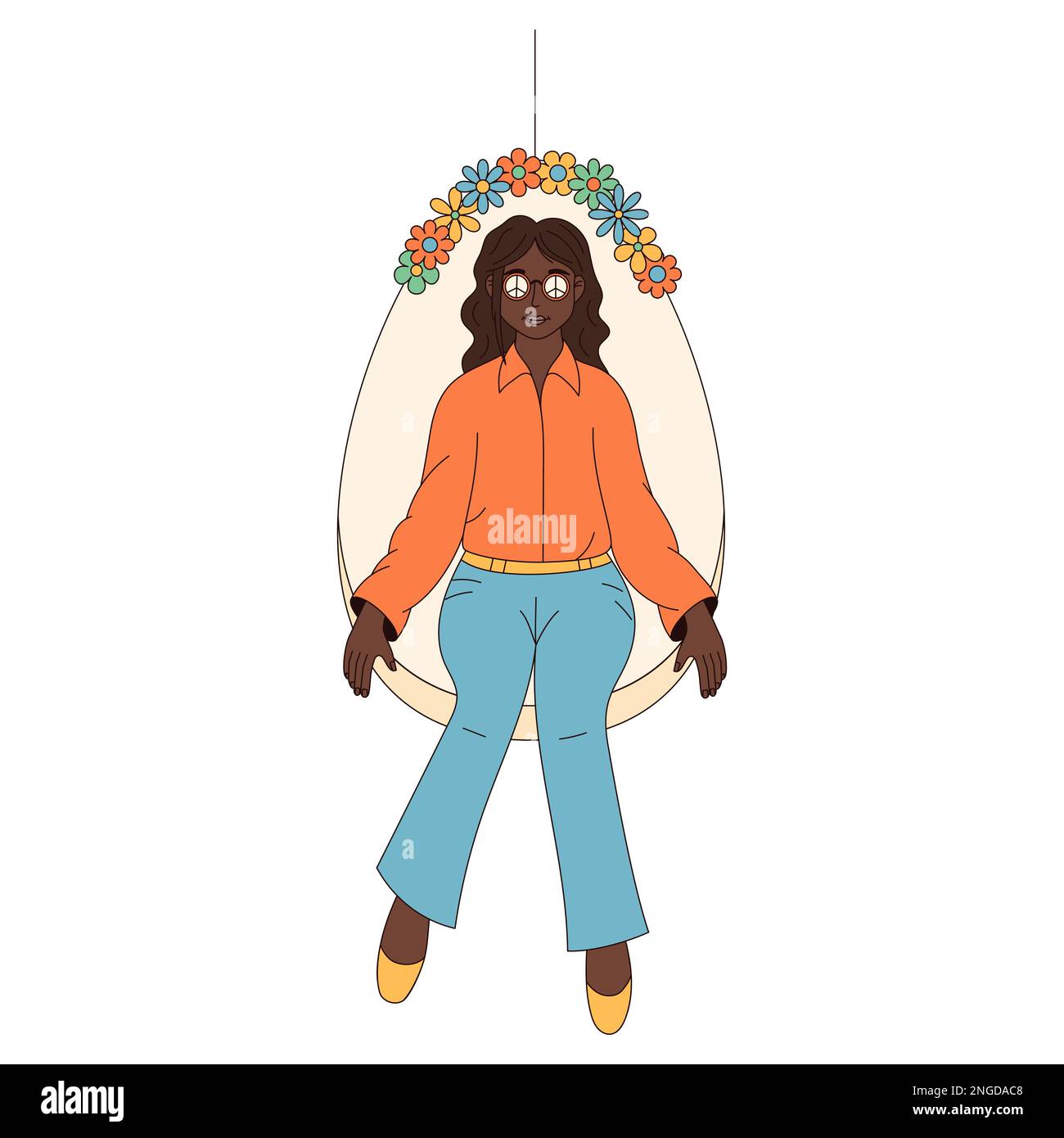 Hippie groovy buon carattere di Pasqua. La ragazza si siede in un grande uovo di Pasqua in stile cartoon retrò 60s 70s alla moda Illustrazione Vettoriale