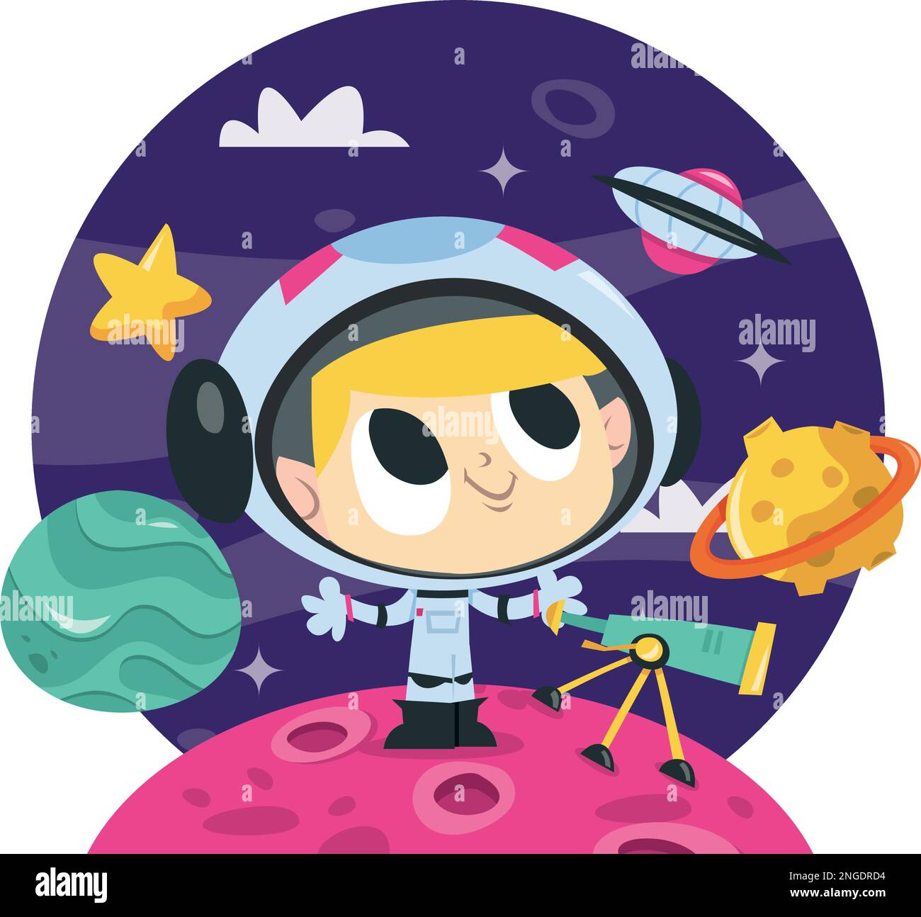 Un'illustrazione vettoriale del cartone animato di un ragazzo astronauta super carino contro un cielo cosmico blu scuro. Illustrazione Vettoriale