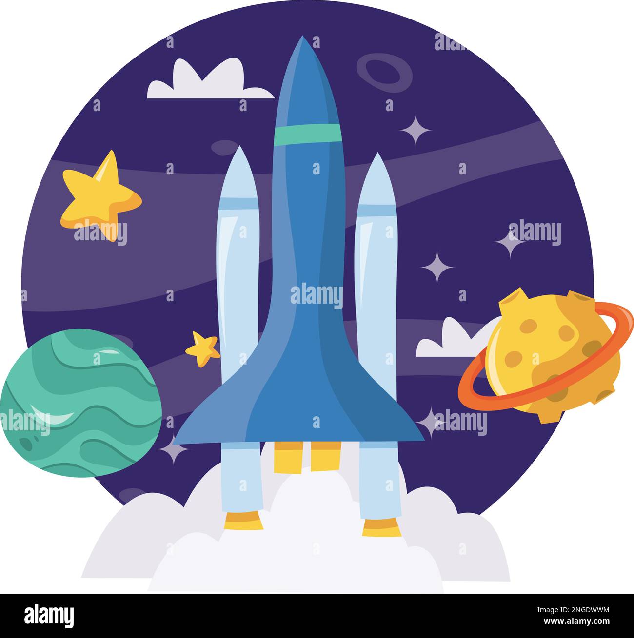 Un'illustrazione vettoriale del cartone animato di una navetta spaziale blu super carina contro un cielo cosmico blu scuro. Illustrazione Vettoriale