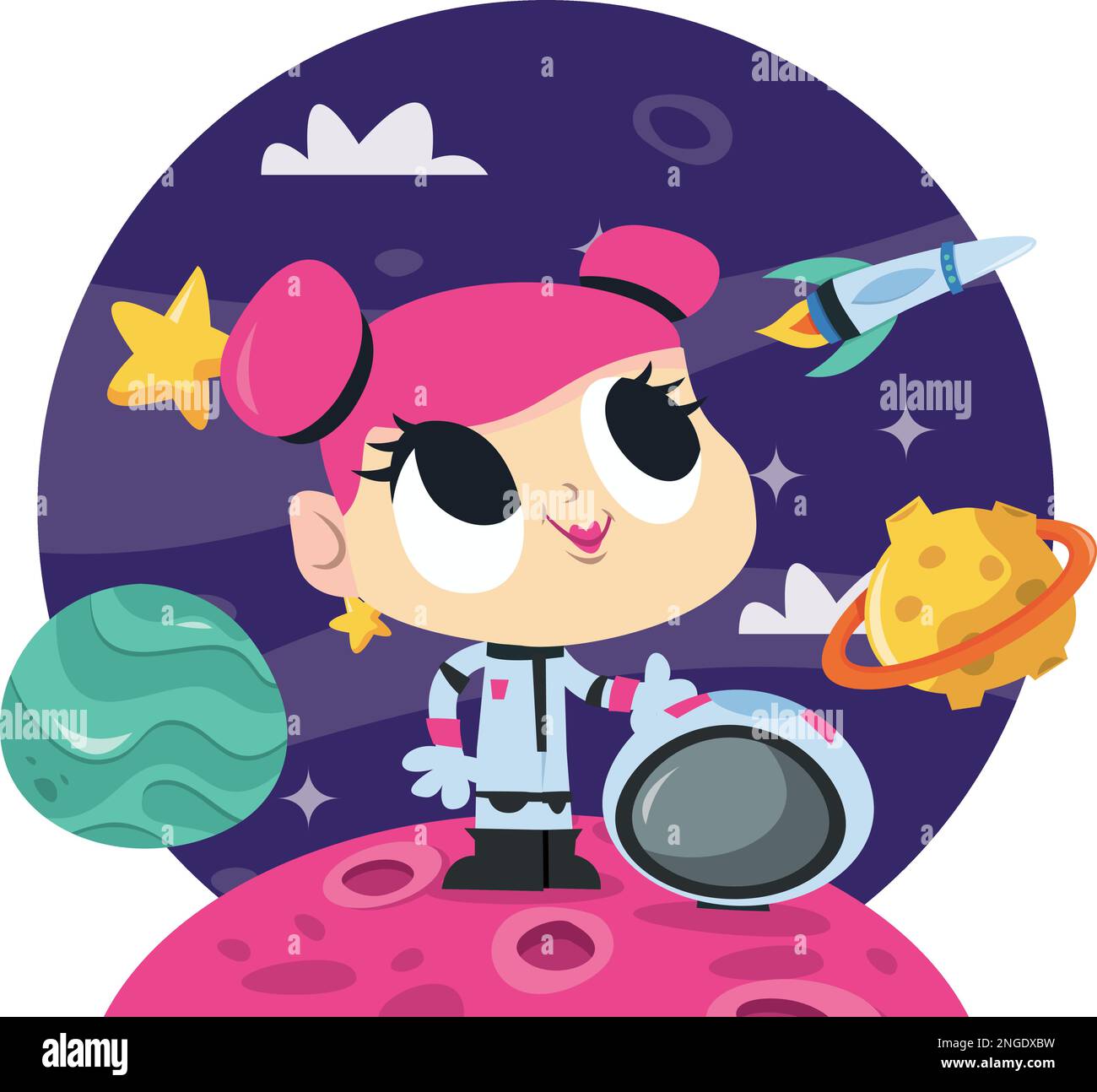 Un'illustrazione vettoriale del cartone animato di una ragazza astronauta eccellente cute contro un cielo cosmico blu scuro. Illustrazione Vettoriale