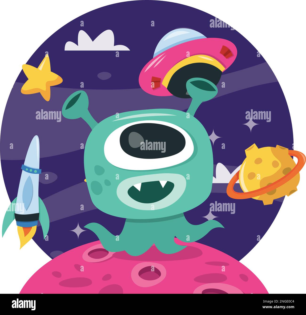 Un'illustrazione vettoriale del cartone animato di un alieno super cute contro un cielo cosmico blu scuro. Illustrazione Vettoriale