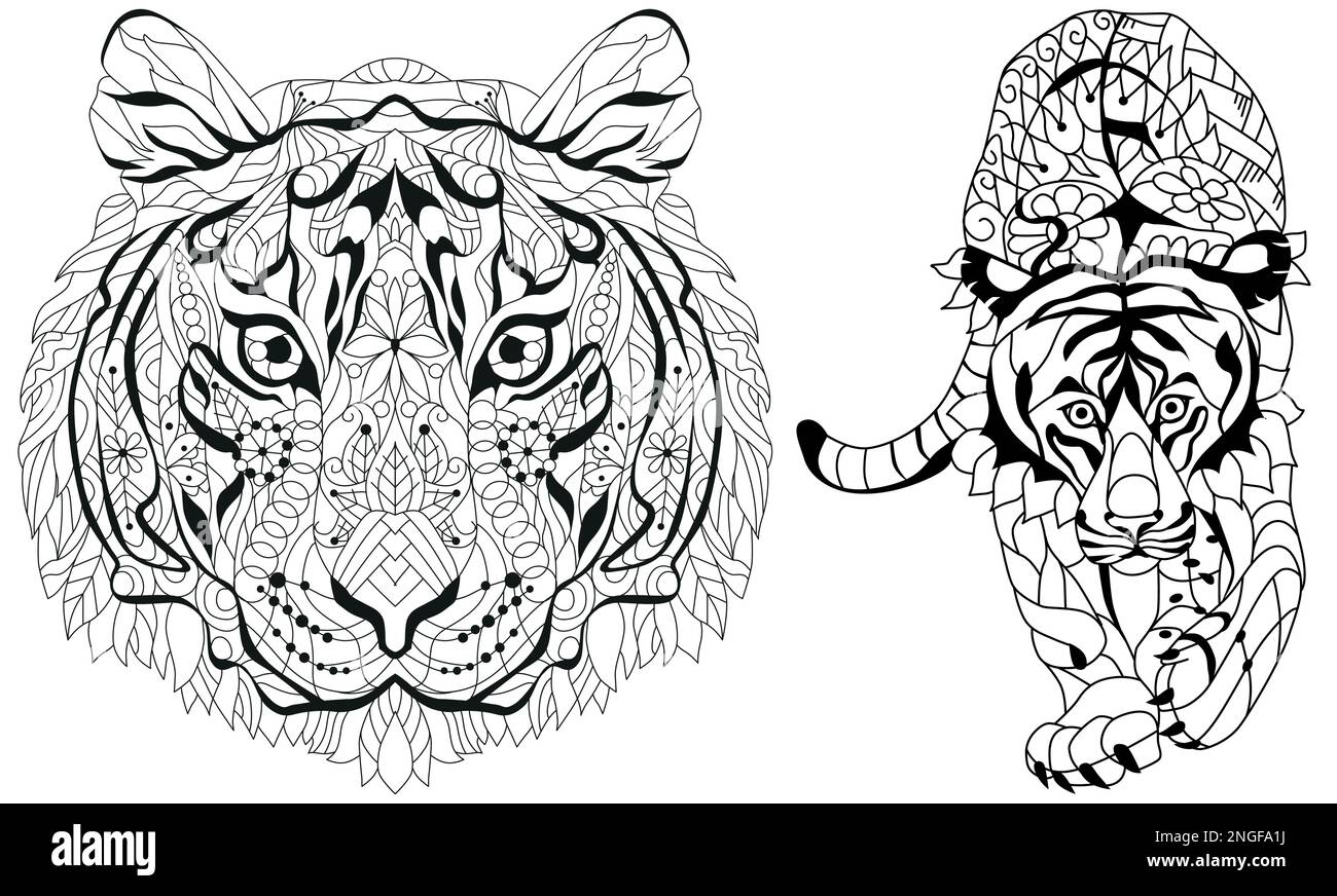 Zentangle Tiger per il design di t-shirt, per colorare, tatuaggio e altre decorazioni Illustrazione Vettoriale