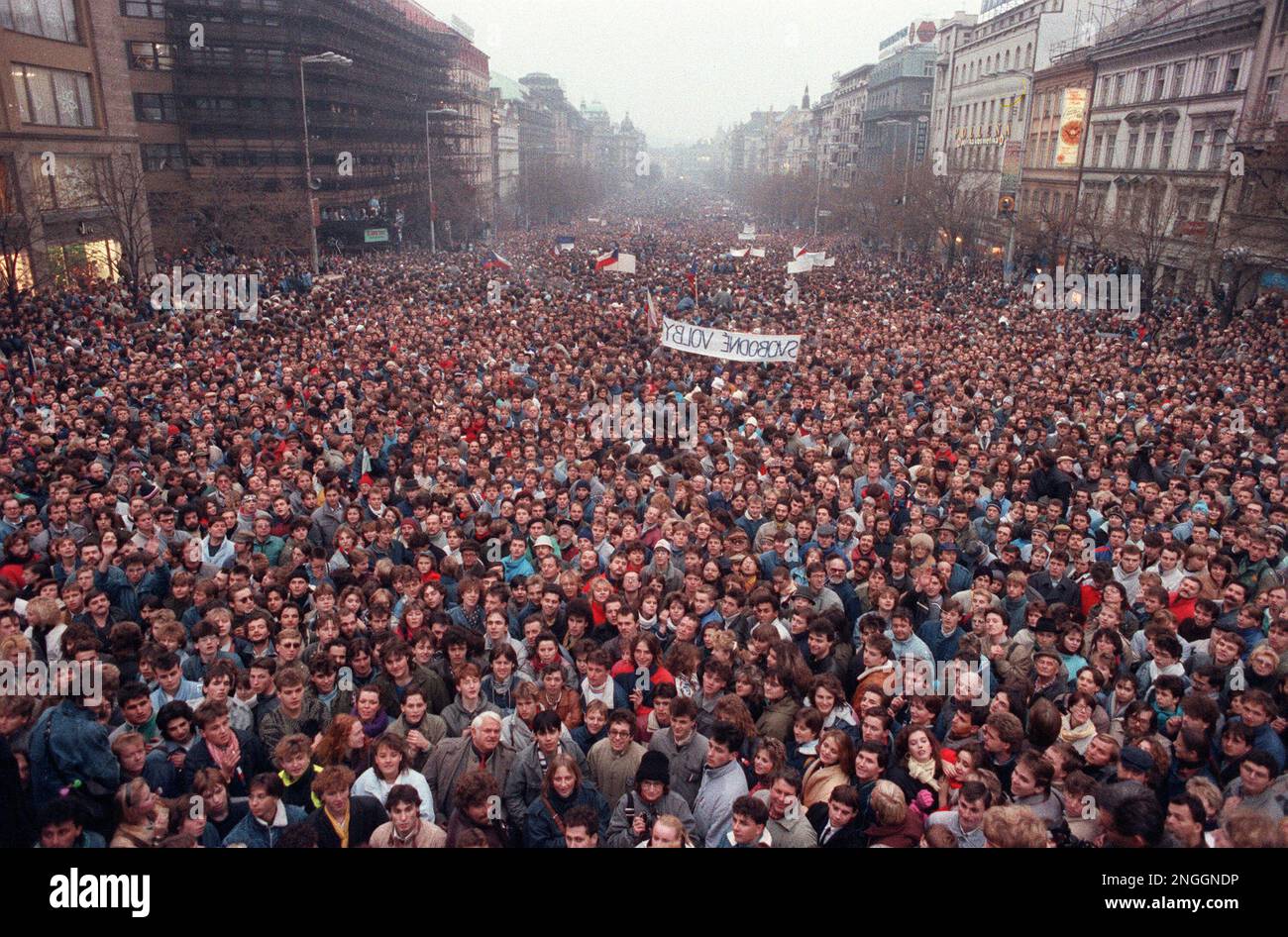 Approximately 200,000 people gather on Wenceslas Square to take part in one of the biggest protest rally in recent times in Prague, Czechoslovakia, Monday, Nov. 20, 1989. The banner in the background, which is held backwards, reads "svobodne volby," meaning "free elections." (AP Photo/Peter de Jong) Foto Stock