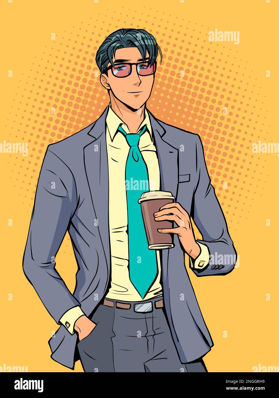 Un uomo in bicchieri e vestito si alza e tiene una tazza di caffè con la mano. Dipendente di successo e felice dell'azienda. Pop Art retro Illustrazione Vettoriale