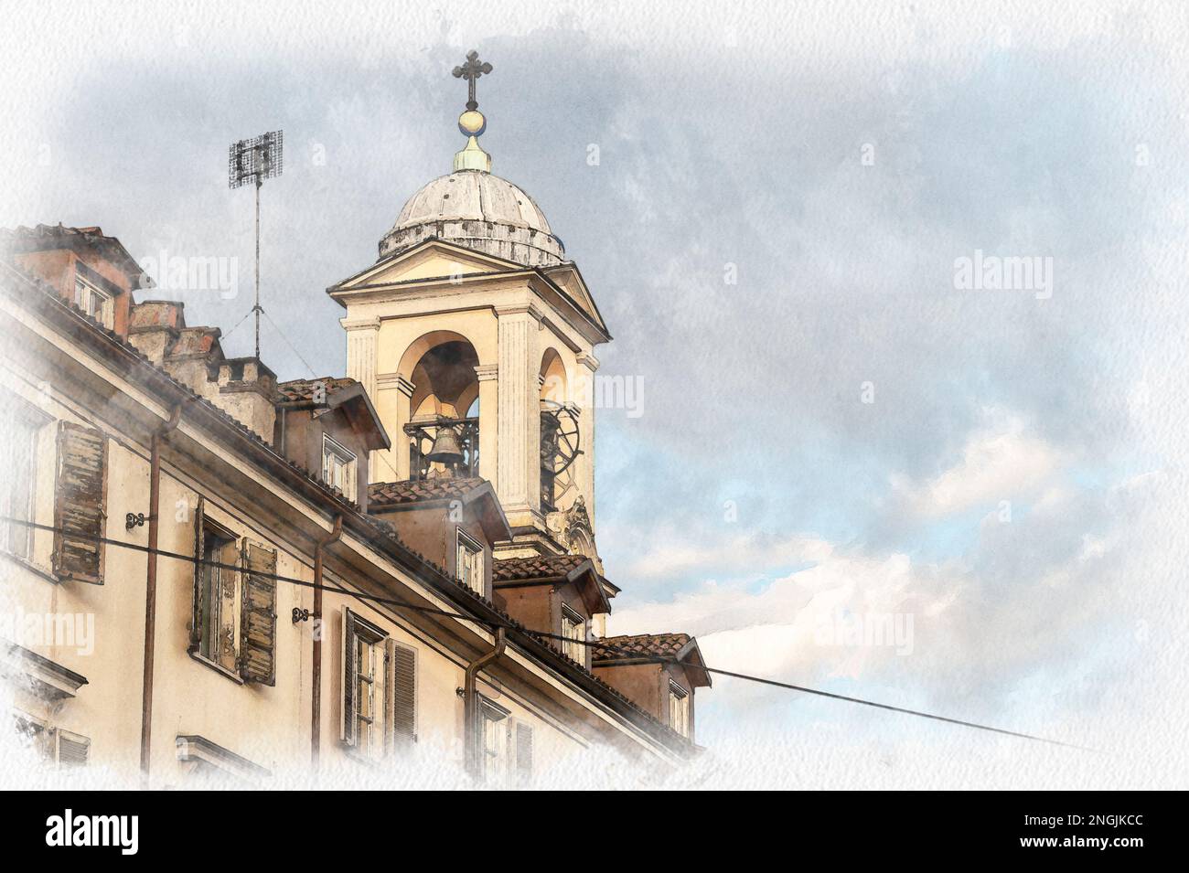 Italia, Torino. Panorama urbano da piazza Gran Madre di Dio, campanile con orologio. Monte dei Cappuccini Foto Stock