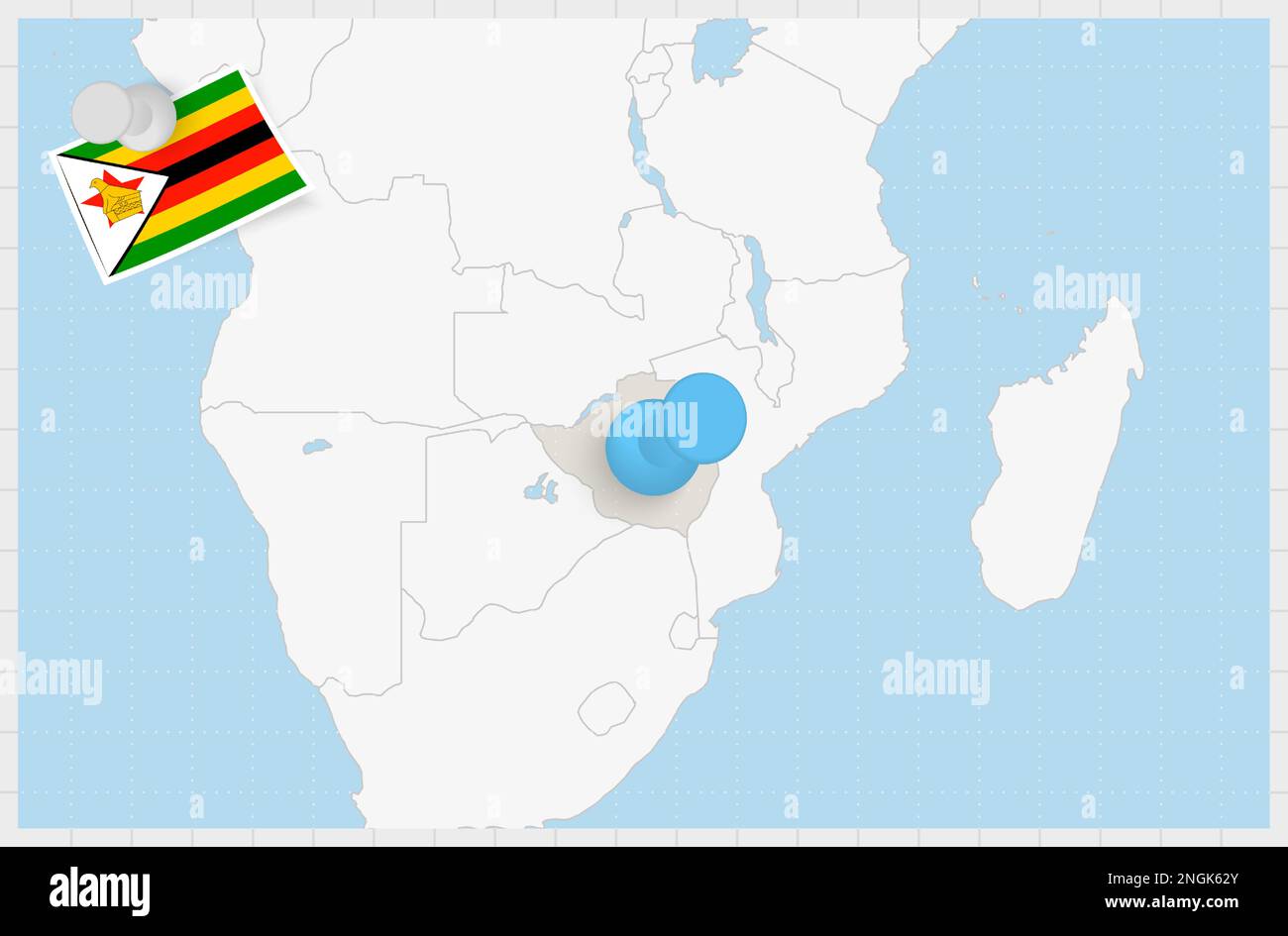 Mappa dello Zimbabwe con una puntina blu. Bandiera bloccata dello Zimbabwe, illustrazione vettoriale. Illustrazione Vettoriale