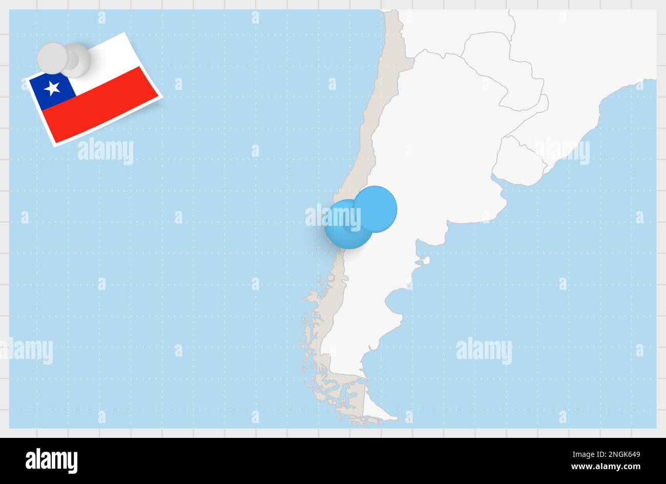 Mappa del Cile con una spilla blu. Bandiera del Cile fissata, illustrazione vettoriale. Illustrazione Vettoriale