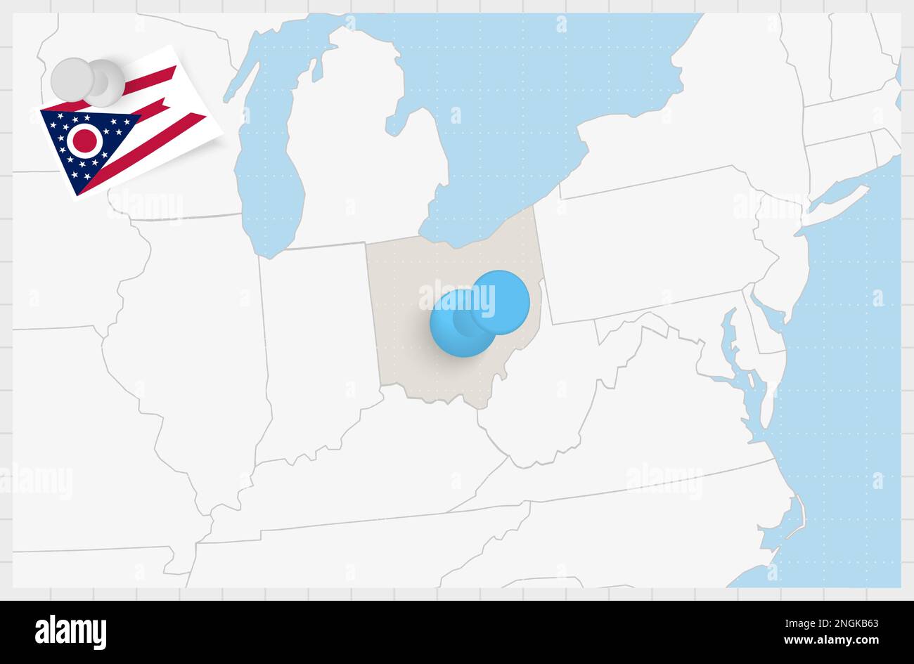 Mappa dell'Ohio con un perno blu fissato. Flag bloccato dell'Ohio, illustrazione del vettore. Illustrazione Vettoriale