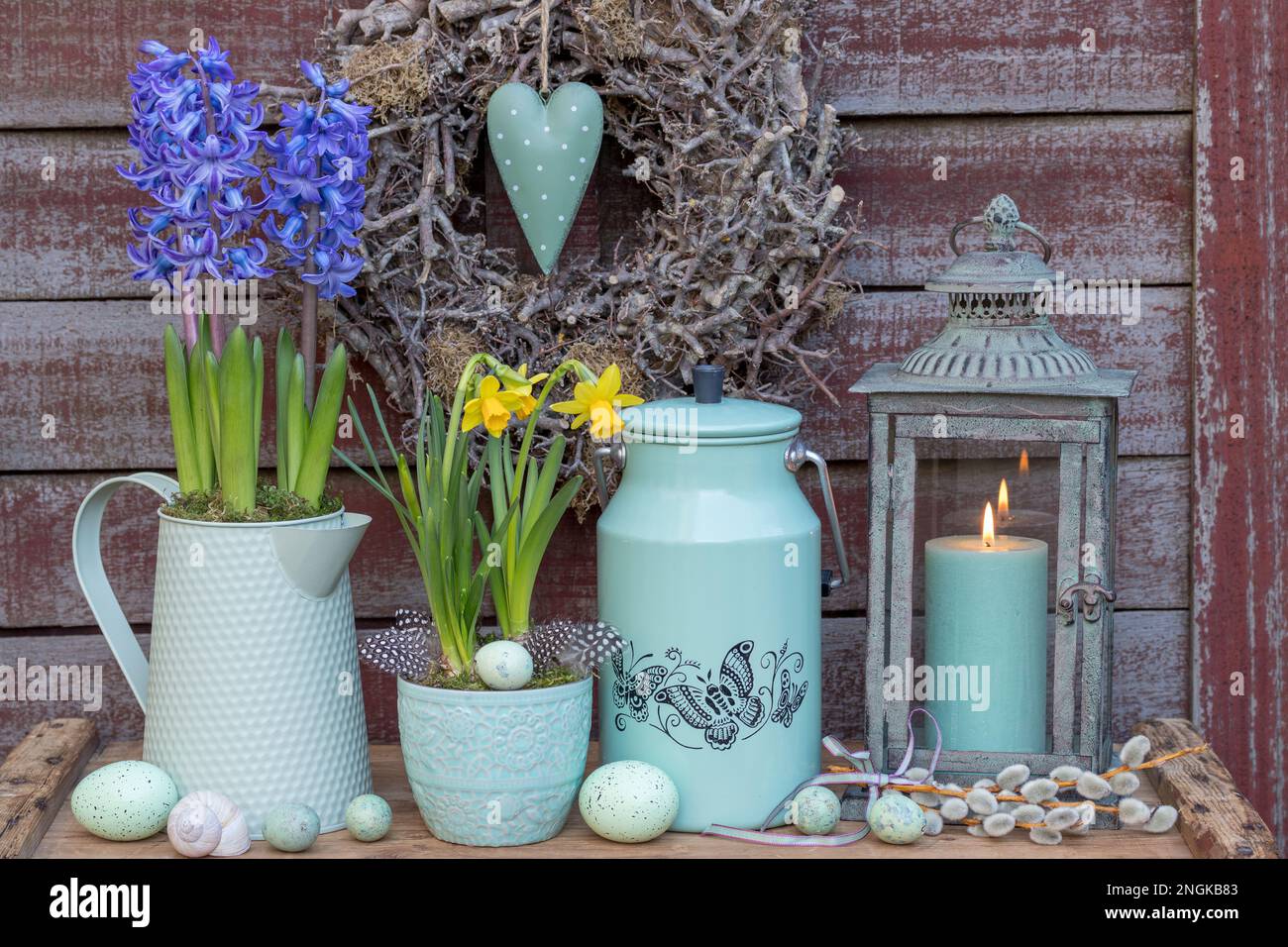 giardino arrangiato con narciso, giacinto, lattina di latte d'annata e lanterna Foto Stock