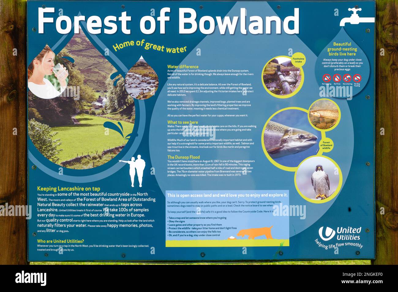 Informazioni Board a piedi Holme Pumping Station nella Dunsop Valley, Foresta di Bowland Foto Stock