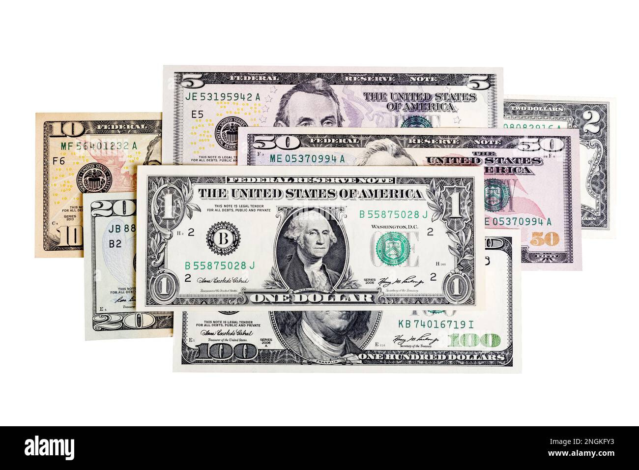 Dollari USA sfondo. Il valore nominale delle banconote è di tutti i dollari statunitensi isolati sul bianco. Foto Stock