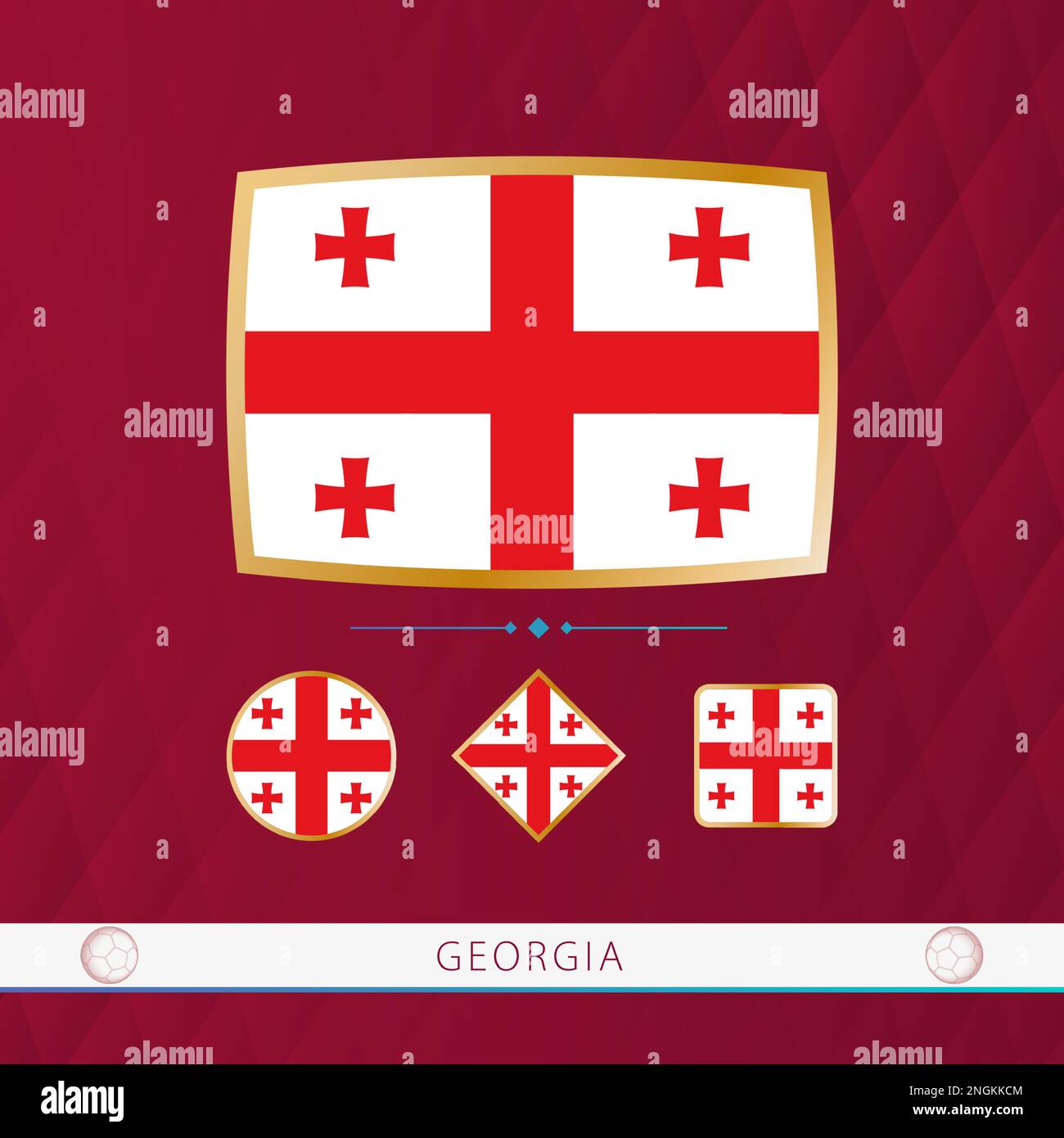 Set di bandiere della Georgia con cornice d'oro per l'uso in occasione di eventi sportivi su uno sfondo astratto della borgogna. Raccolta di flag vettoriali. Illustrazione Vettoriale