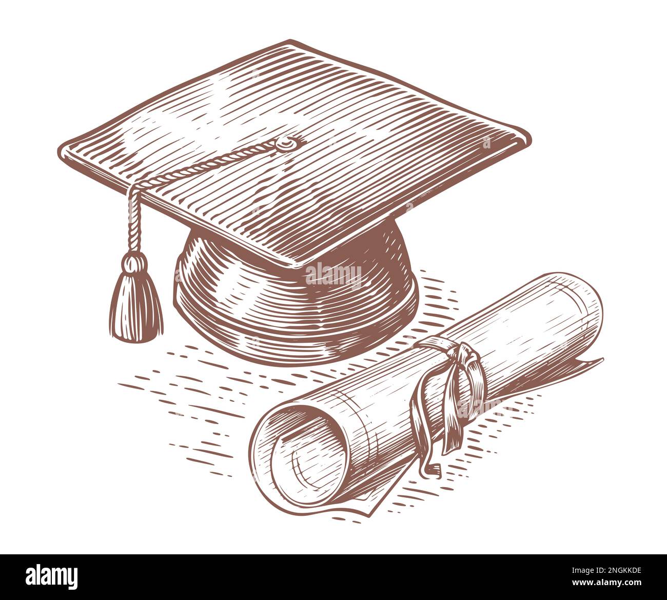 Cappellino di laurea e diploma disegnati a mano in stile schizzo. Laurea accademica, concetto di istruzione. Illustrazione vettoriale vintage Illustrazione Vettoriale