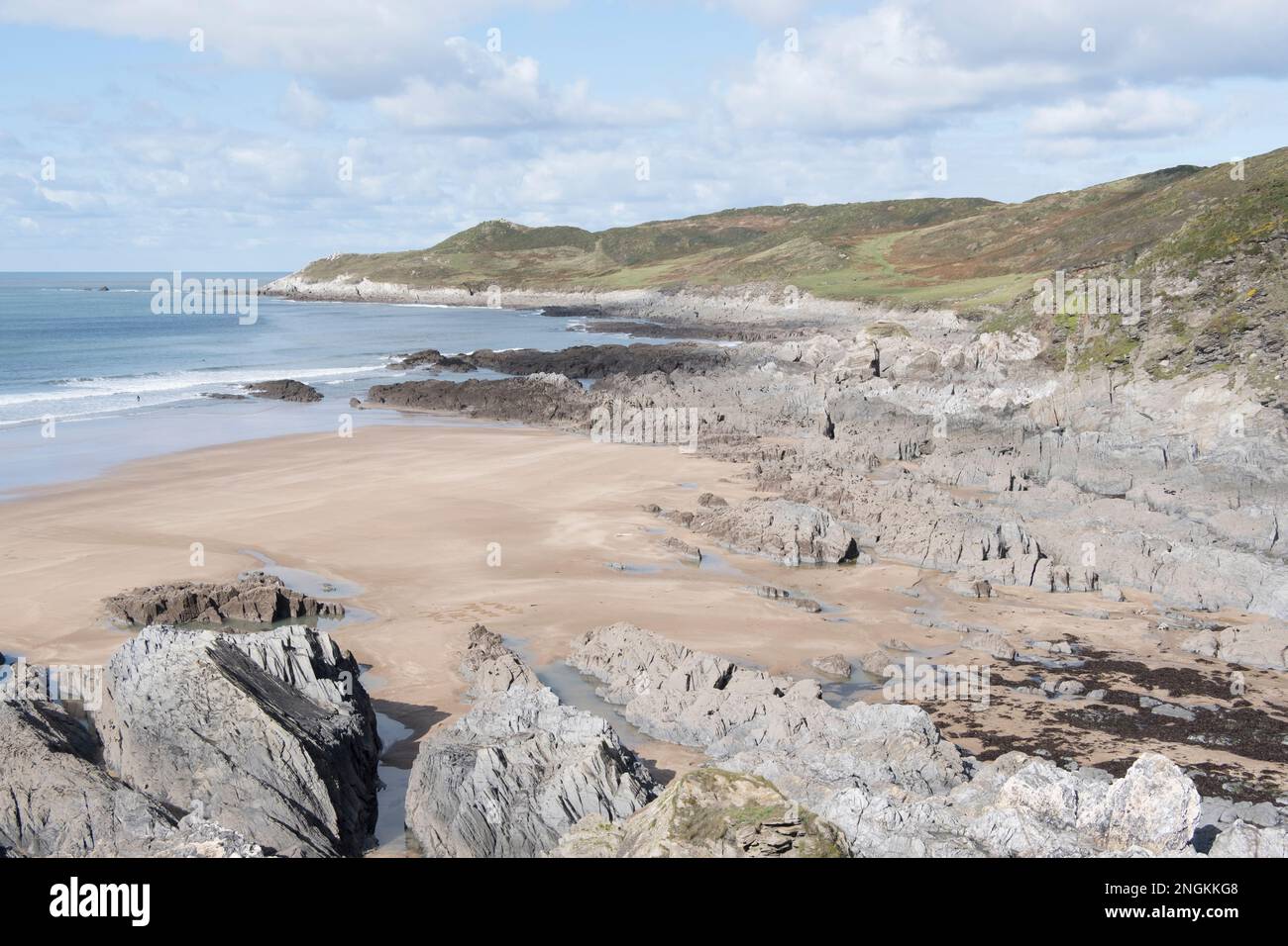 Vista verso Morte Point dalla spiaggia di Combesgate, Woolacombe, Devon, Regno Unito. Foto Stock